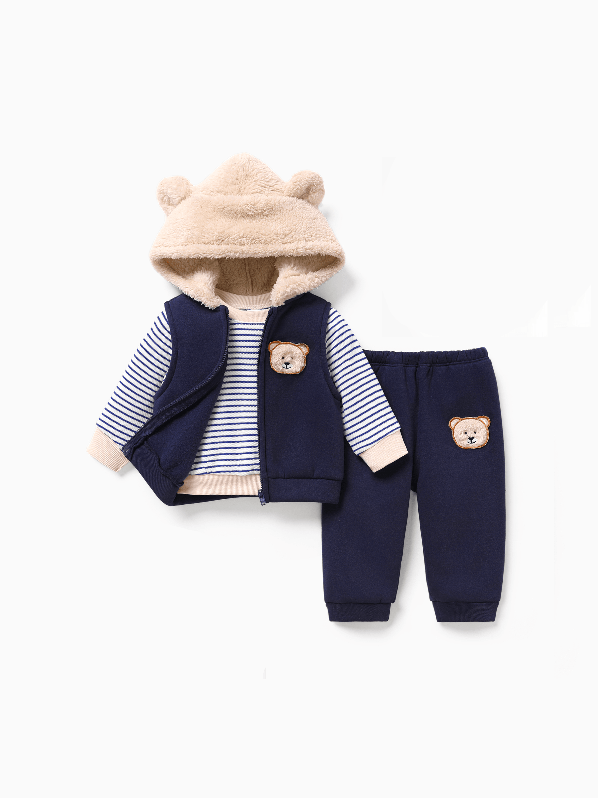 

3pcs Baby Boy Childlike Bear Pattern Fluffy Hooded Set