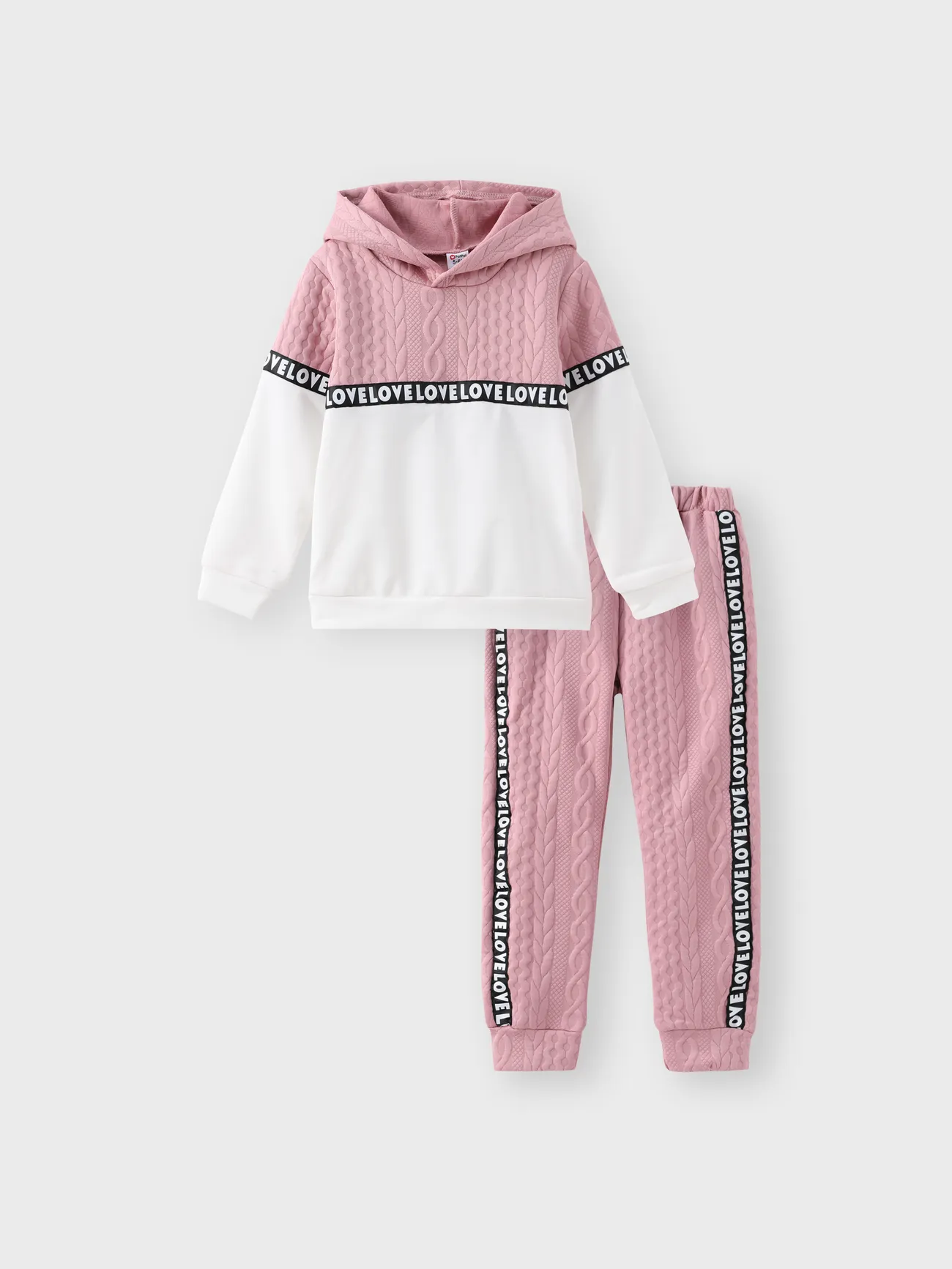 

2pcs Kid Girl Leter Print Cable Knit Textured Colorblock Hoodie Sweatshirt and Pants Set