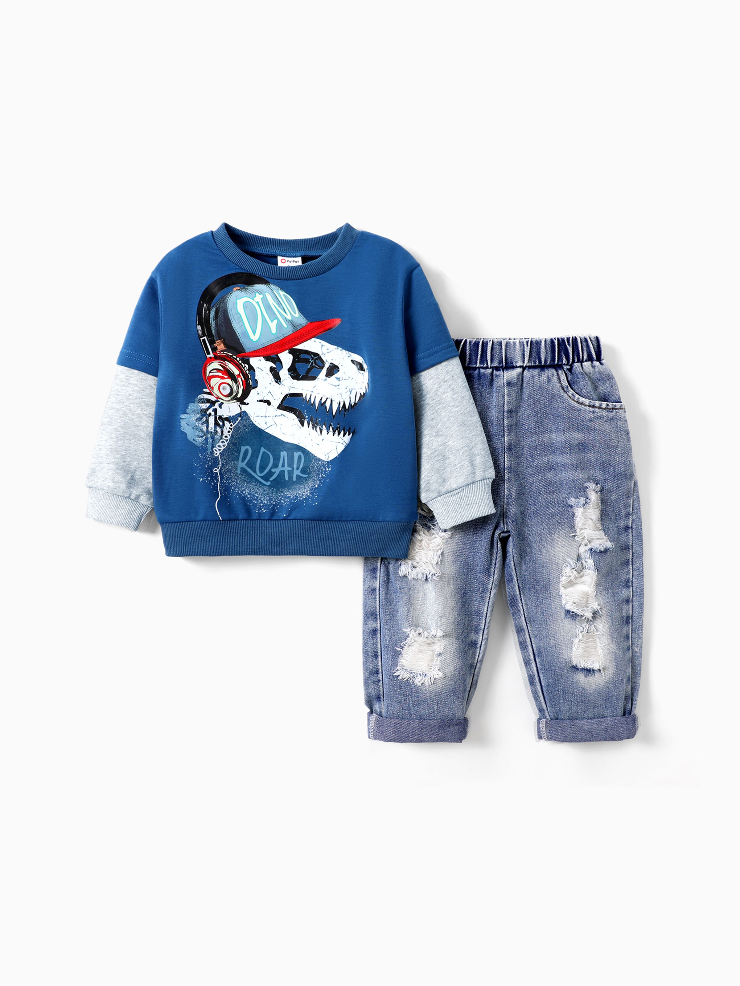 

Toddler Boy 2pcs Dino Print Sweatshirt and Denim Ripped Jeans Set
