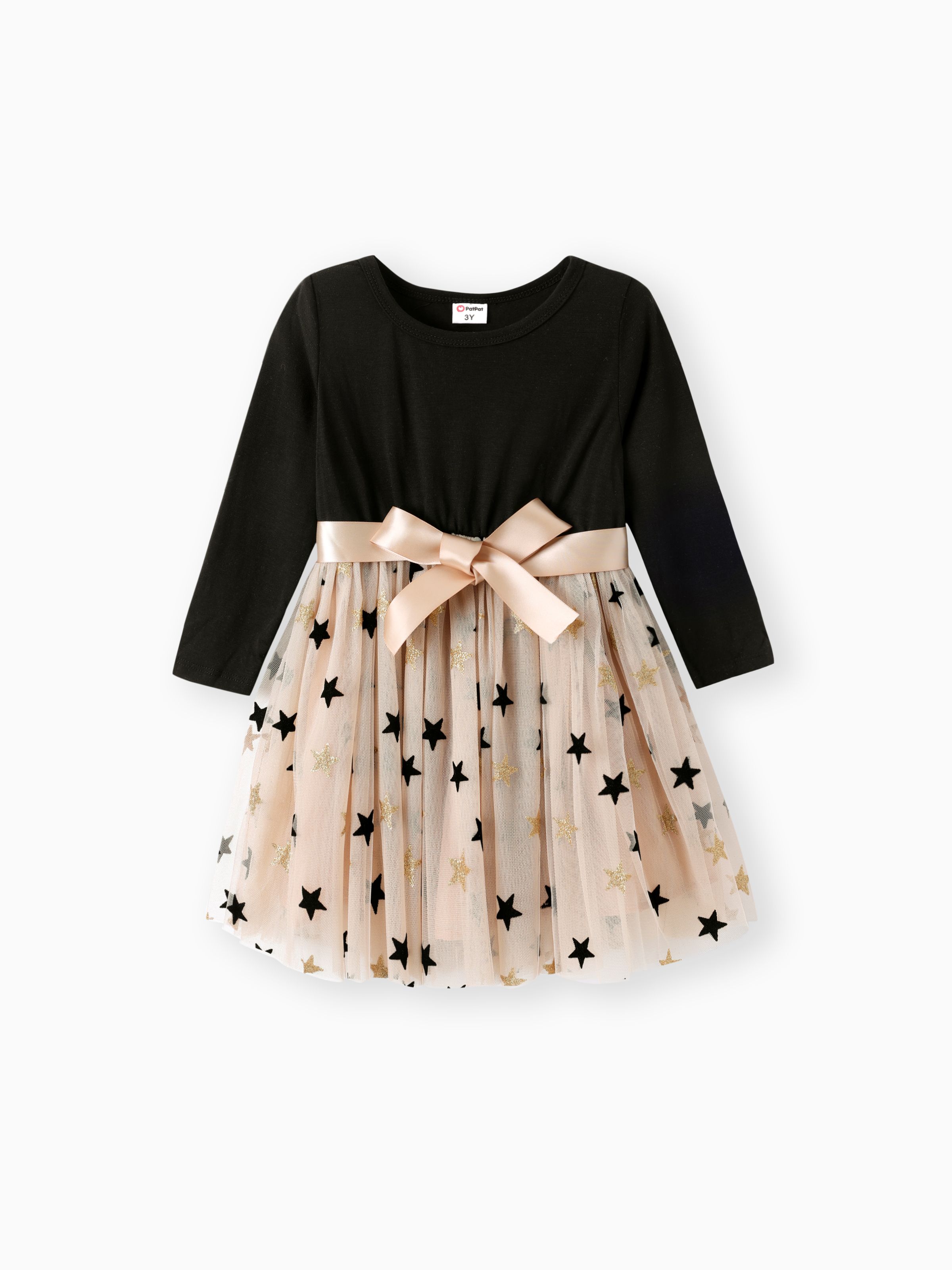 

Toddler Girl Stars Glitter Design Mesh Splice Belted Long-sleeve Dress