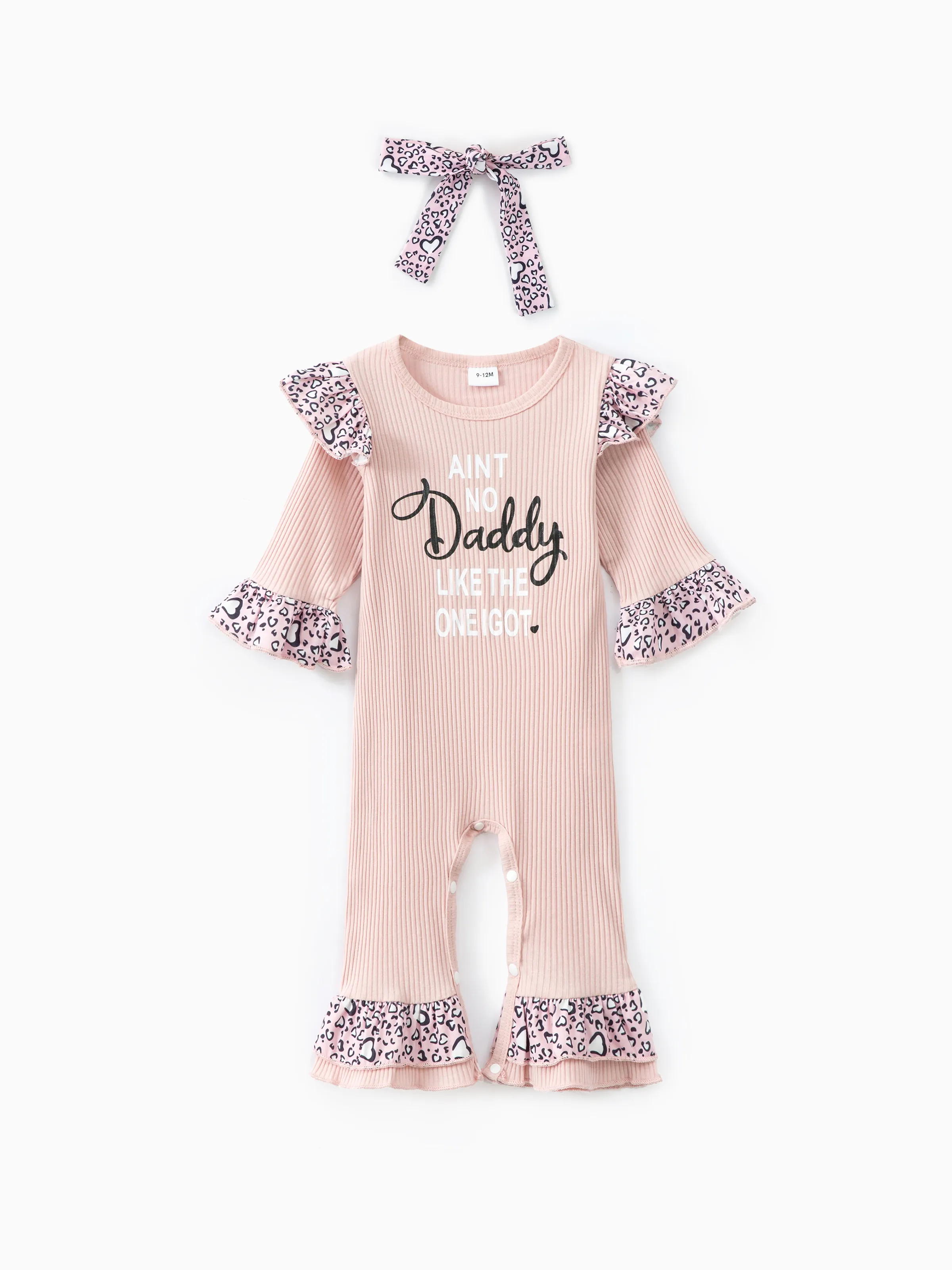 

2pcs Baby Girl Letter Print Pink Ribbed Long-sleeve Splicing Leopard Ruffle Jumpsuit with Headband Set