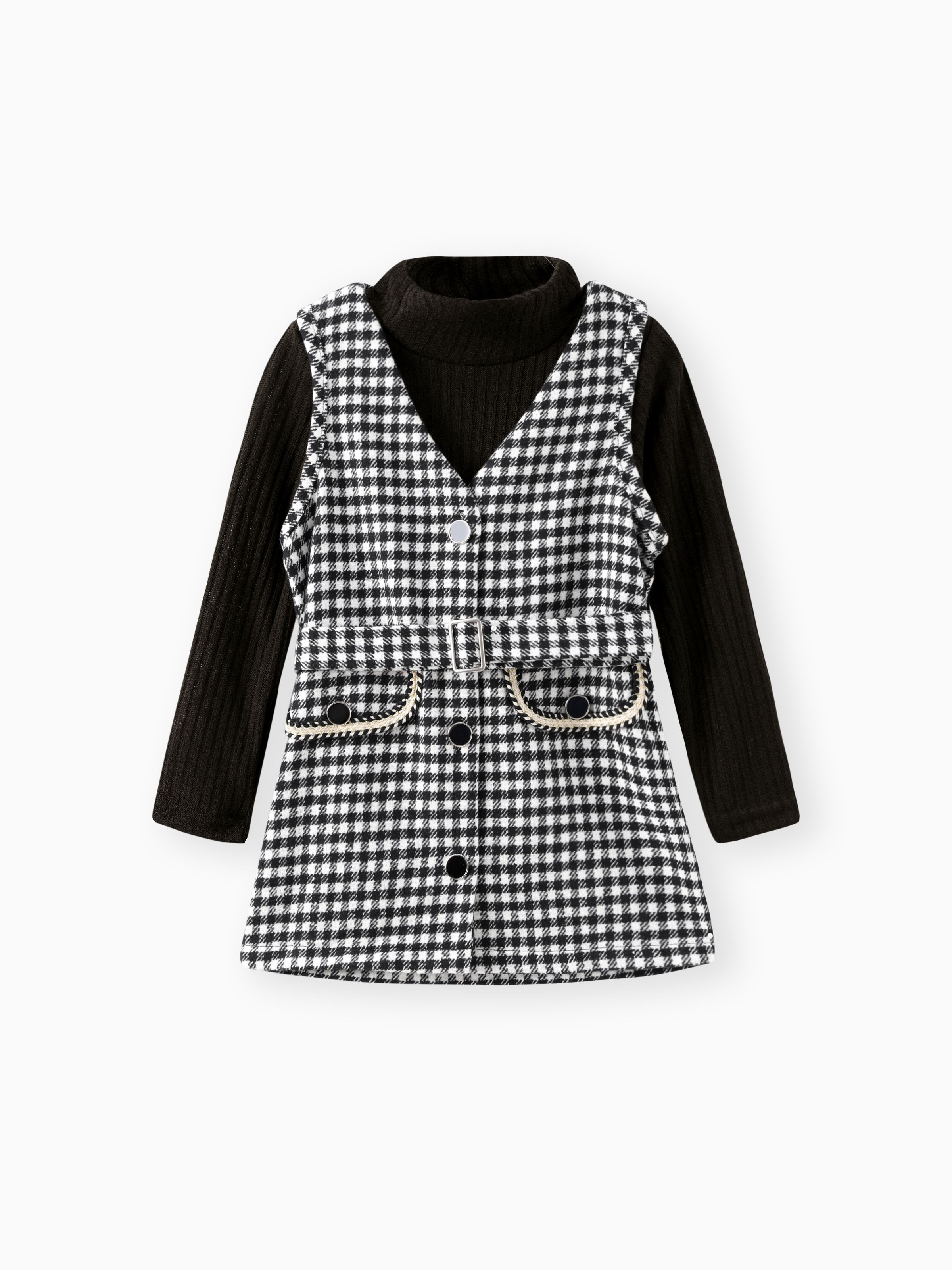 

2-piece Toddler Girl Turtleneck Long-sleeve Ribbed Black Sweater and Belted Plaid Tweed Overall Dress Set