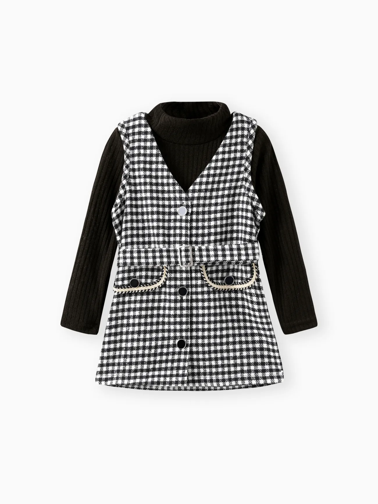 Conjunto de 2 piezas de suéter negro acanalado de manga larga con cuello alto para niña pequeña y vestido de tweed a cuadros con cinturón