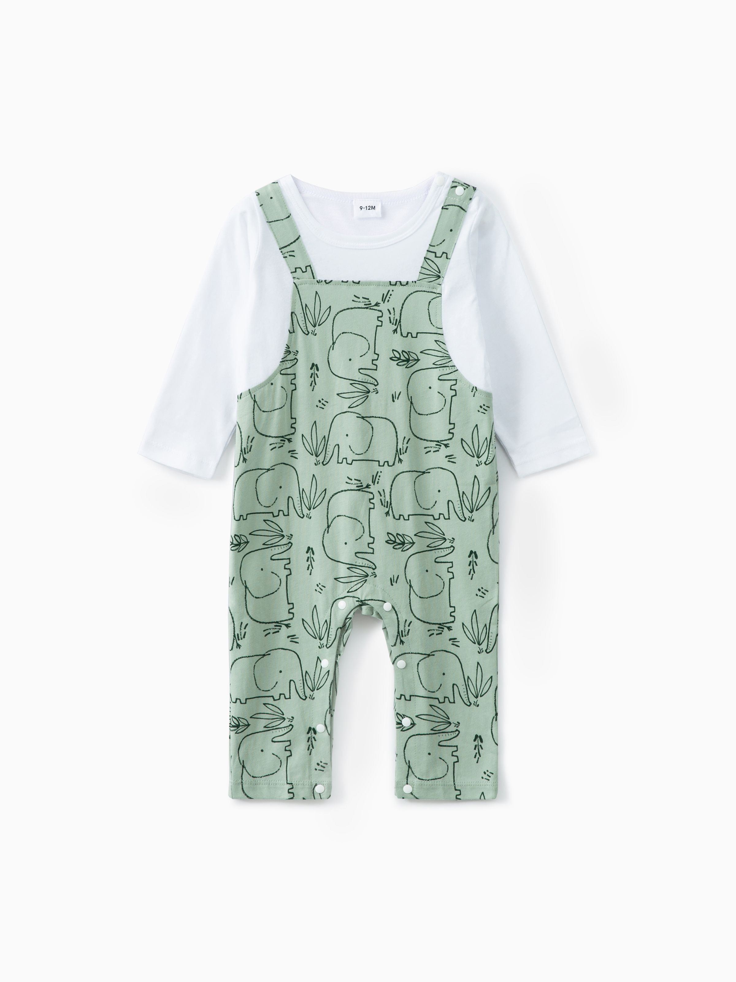 

100% Cotton Baby Boy/Girl All Over Cartoon Elephant Print Faux-two Long-sleeve Jumpsuit