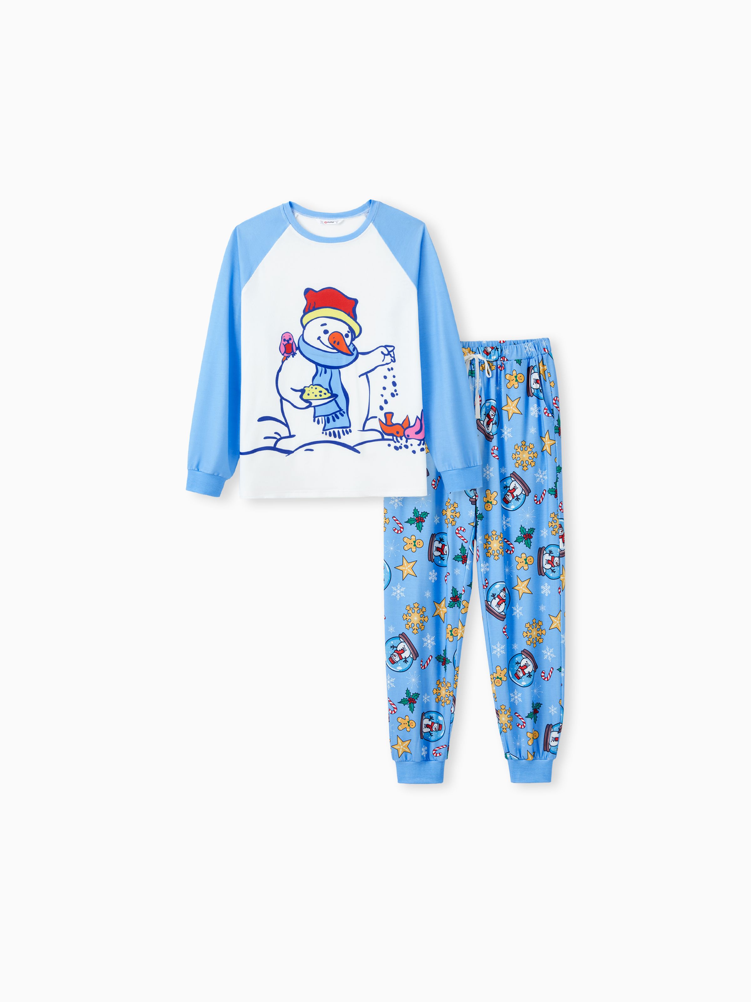 

Christmas Family Matching Blue Raglan Sleeves Snowman Graphic Pajamas Sets with Drawstring and Pockets (Flame Resistant)