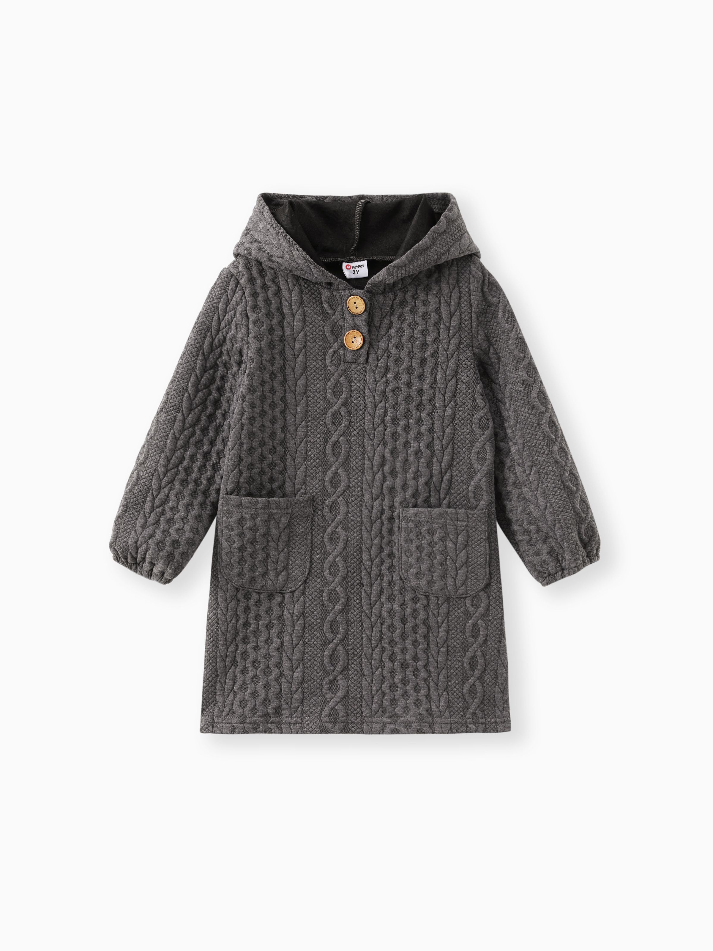 

Toddler Girl Button Design Cable Knit Textured Hooded Dress
