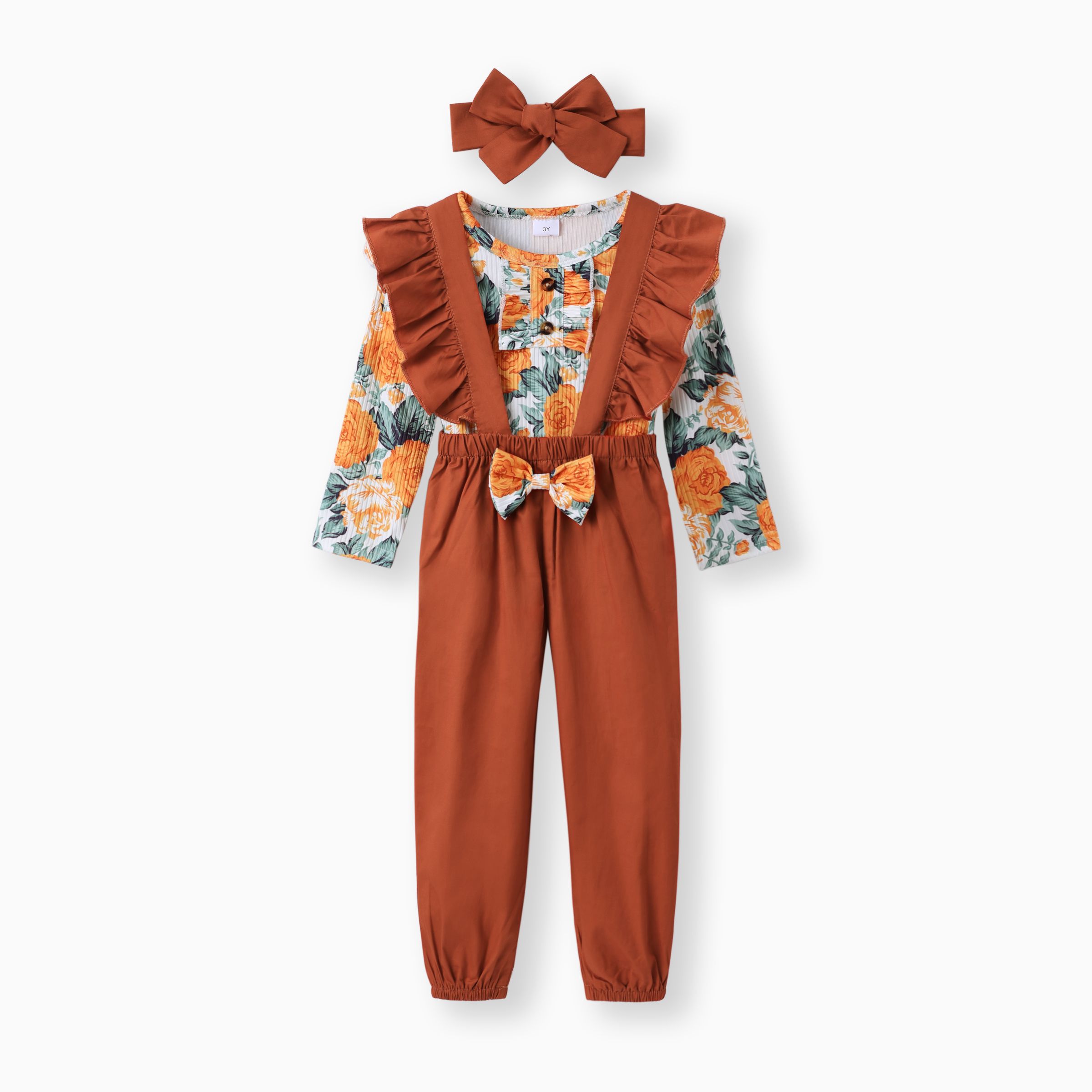 

3-piece Toddler Girl Floral Print Ruffled Long-sleeve Top, Bowknot Design Overalls and Headband Set