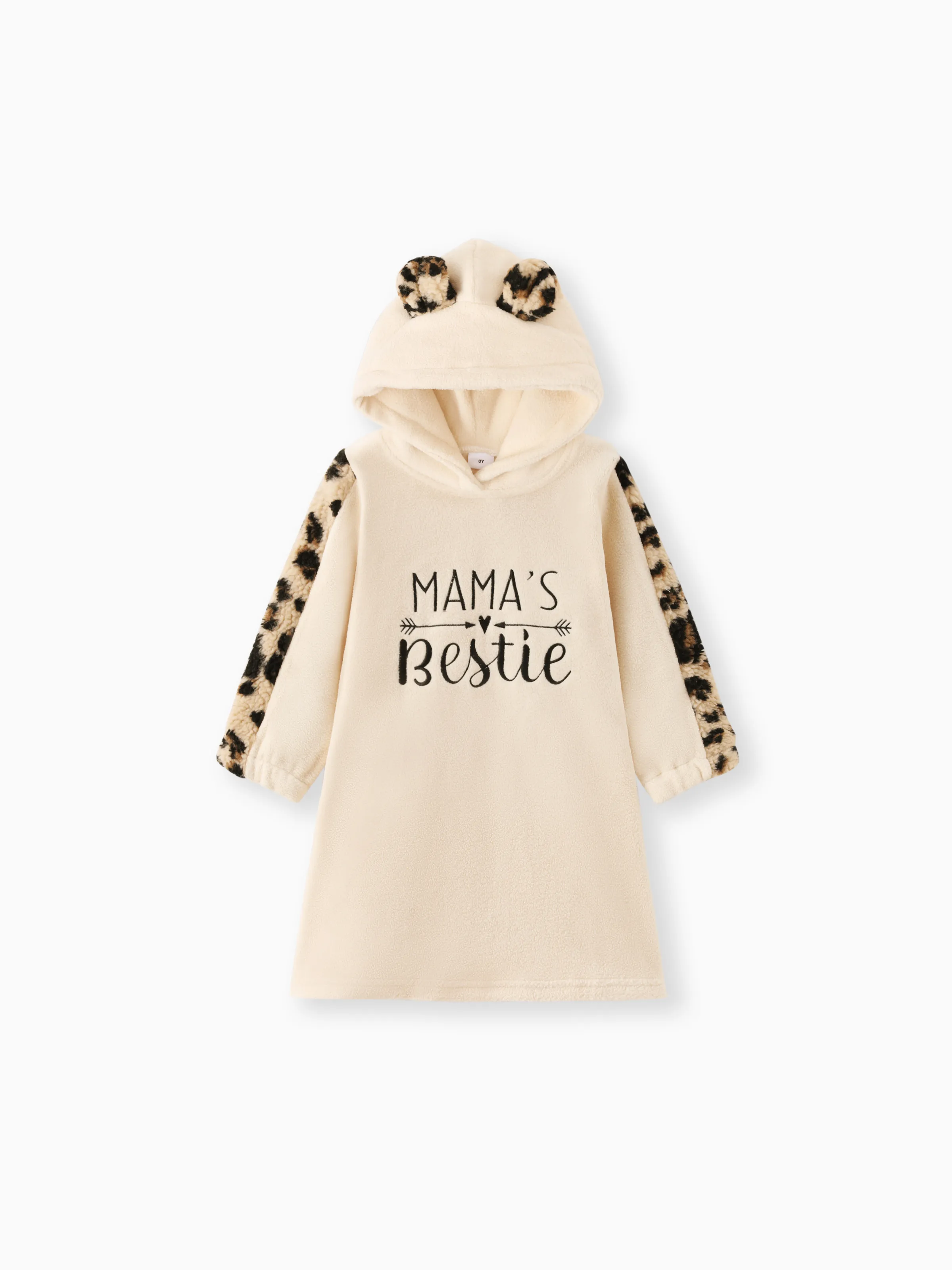 

Toddler Girl Letter Embroidered Leopard Print Fuzzy Fleece Hooded Sweatshirt Dress