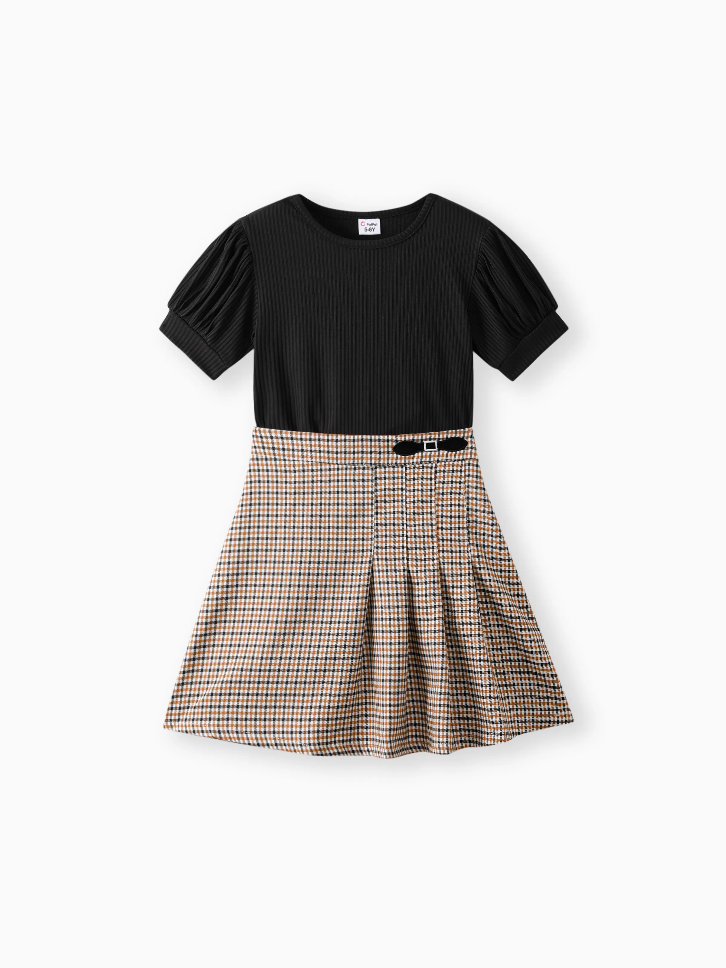 

2pcs Kid Girl Ribbed Short-sleeve Tee and Plaid Pleated Skirt Set