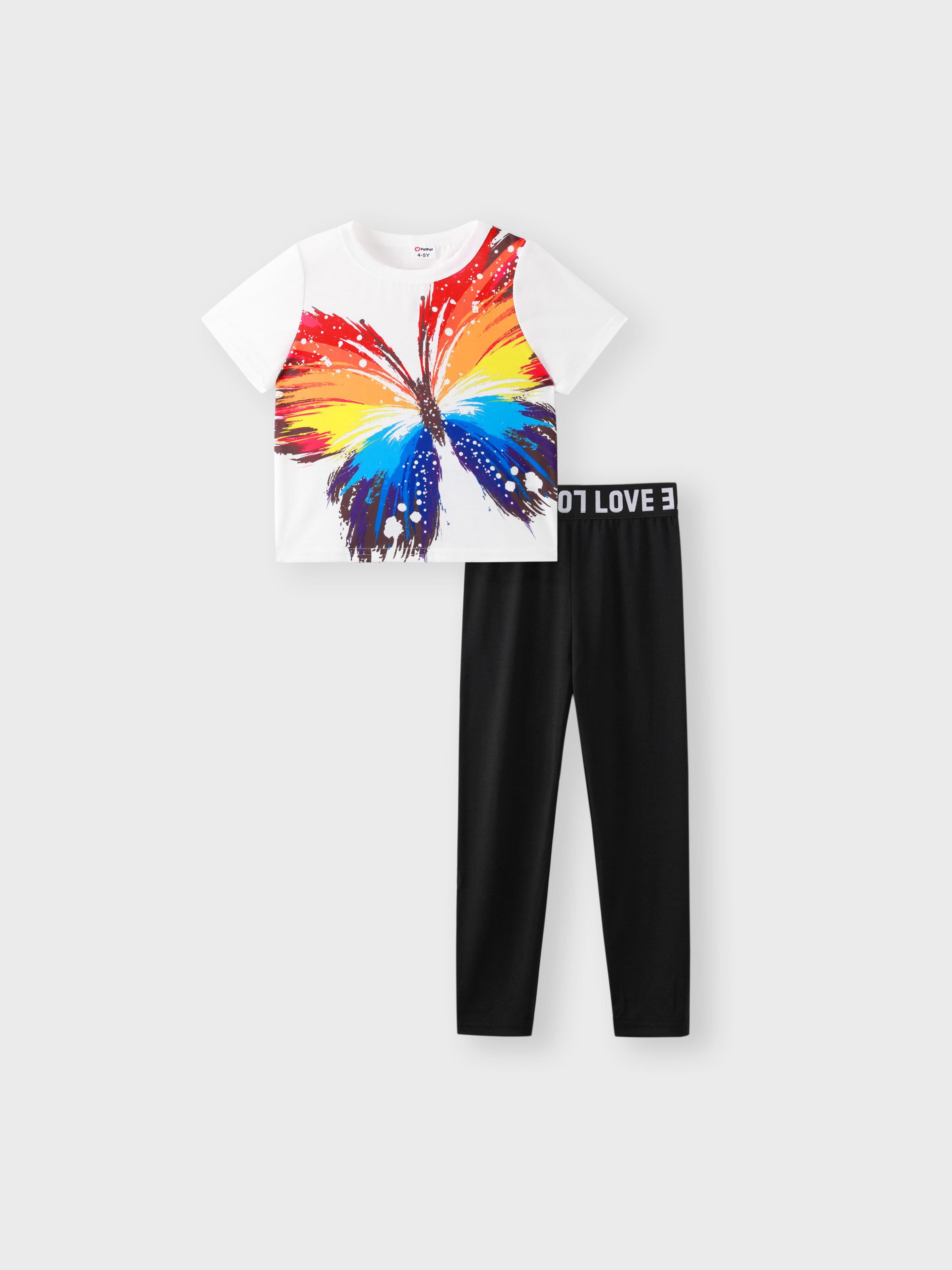 

2pcs Kid Girl Unicorn Print Tie Dyed/ Butterfly Print Short-sleeve Tee and Letter Print Black Leggings Set