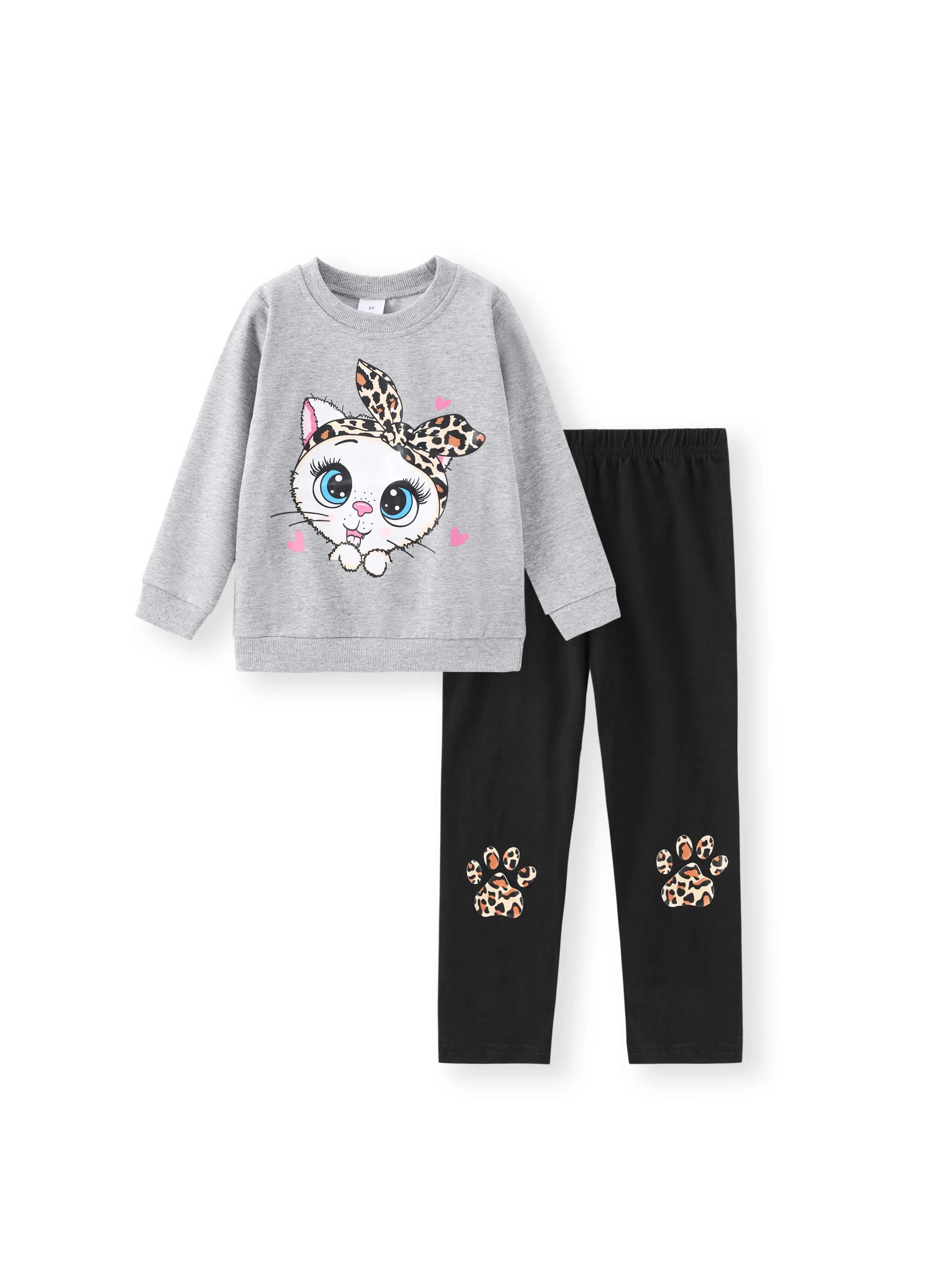 Conjunto de 2 piezas de sudadera con estampado de gato y pantalones con estampado de leopardo para niña pequeña