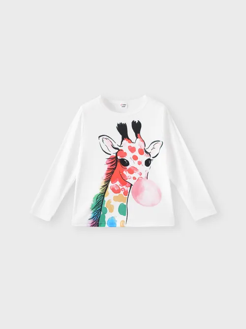 

Kid Girl Giraffe Print Long-sleeve White Tee