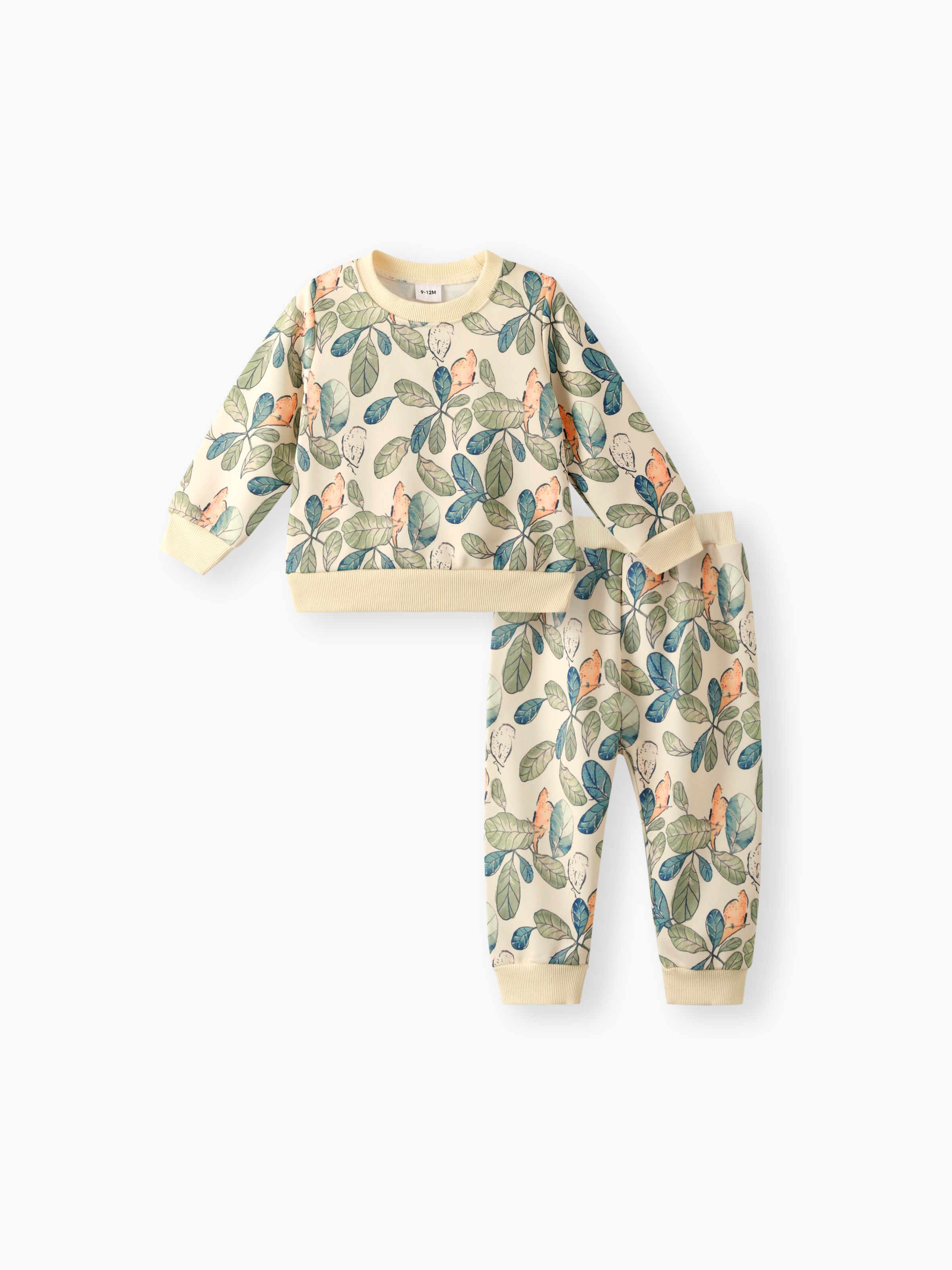 

2pcs Baby Girl Allover Leaf Print Long-sleeve Sweatshirt and Sweatpants Set