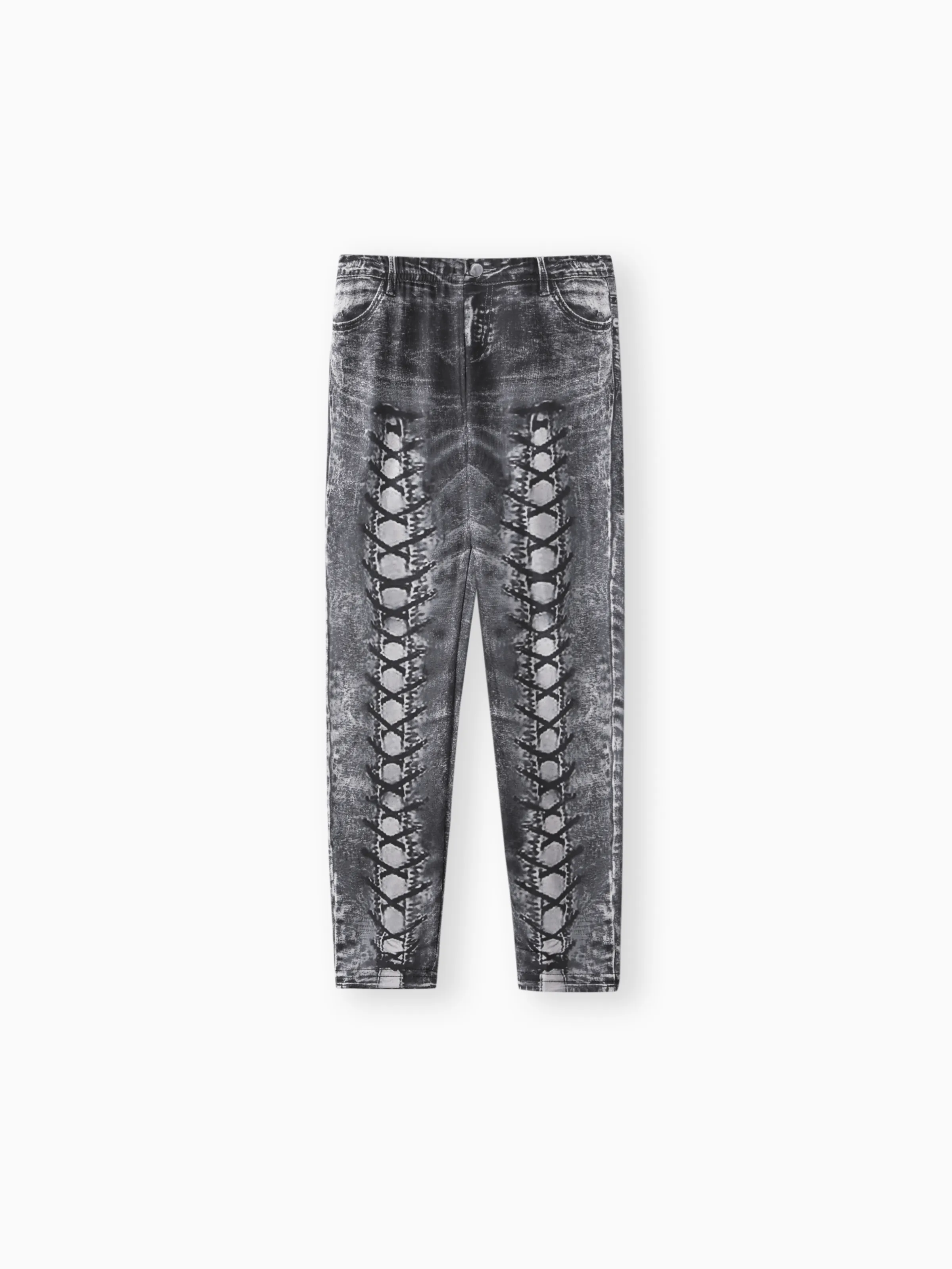 Kid Girl Lace-up Pattern Print Elasticized Skinny Pants Leggings(Not Denim Leggings ) Grey