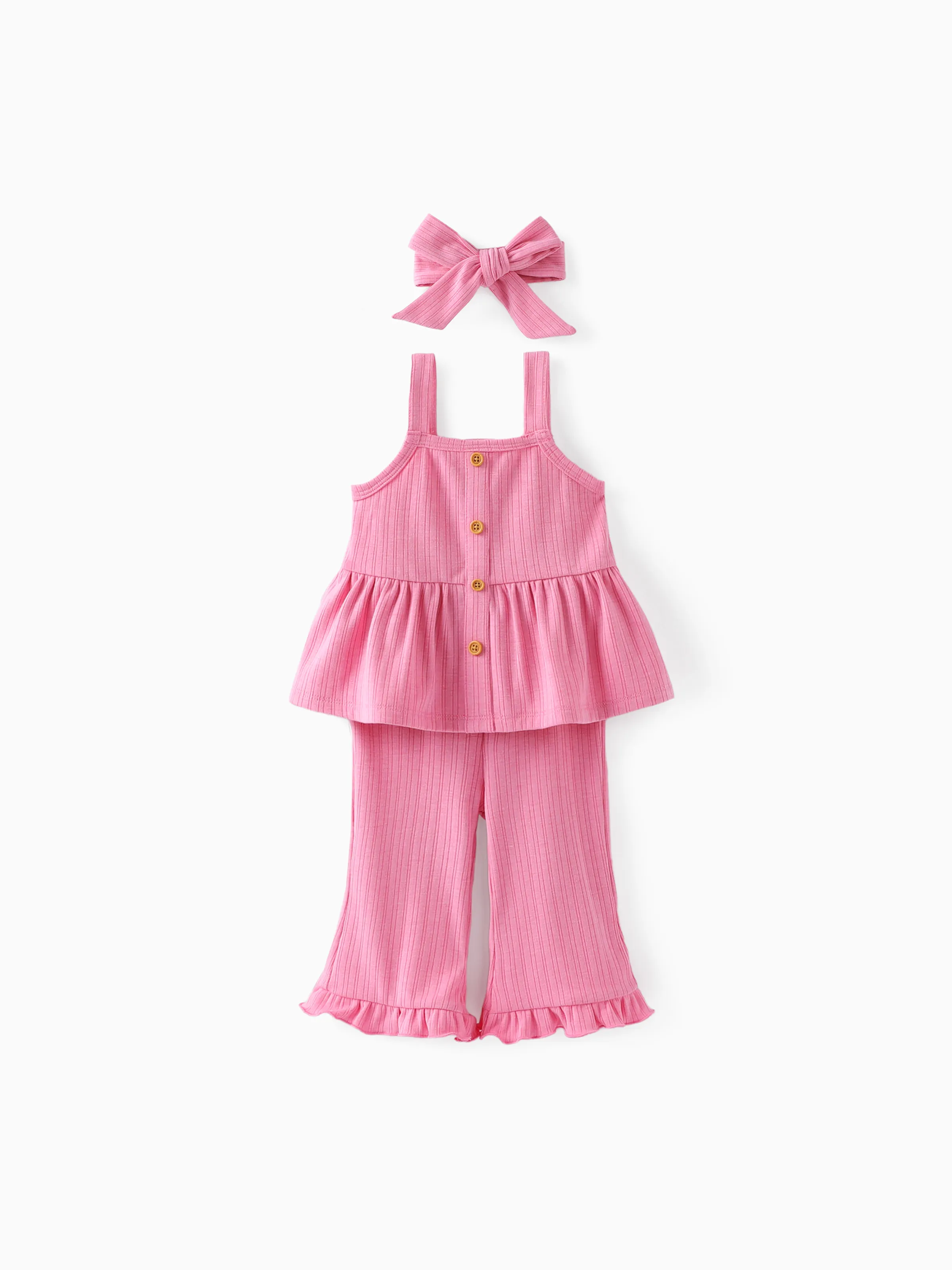 Baby Girl 3pcs Solid Color Ruffled Camisole and Pants with Headband Set