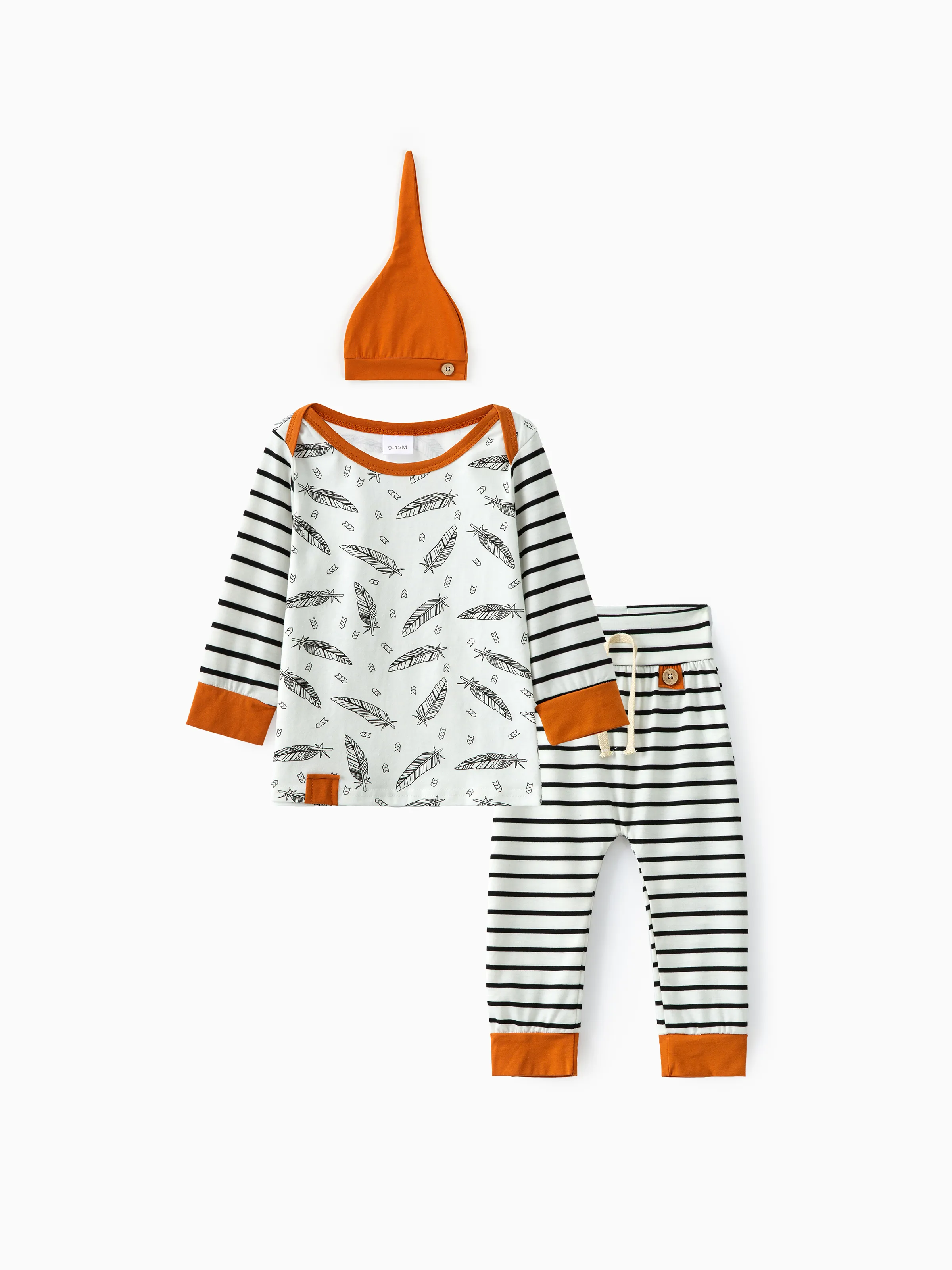 

100% Cotton 3pcs Stripe and Feather Print Long-sleeve Baby Set