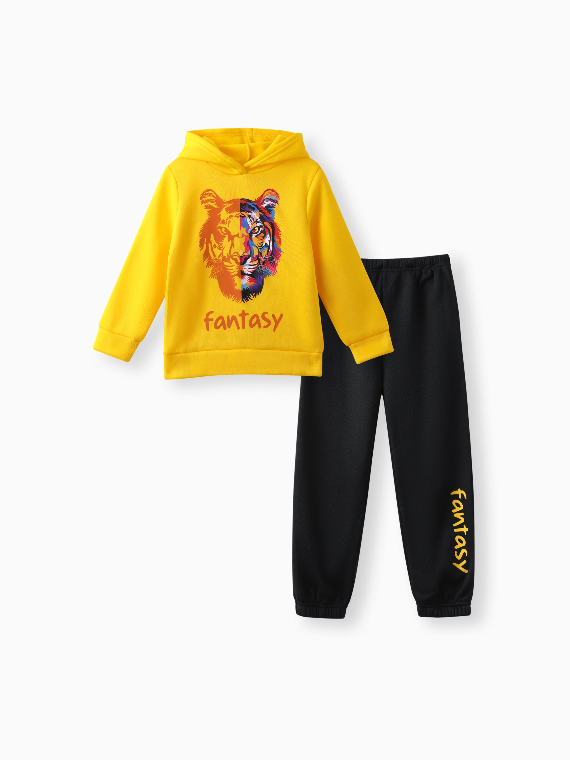 

2-piece Kid Boy Letter Animal Print Fleece Lined Hoodie Sweatshirt and Pants Set