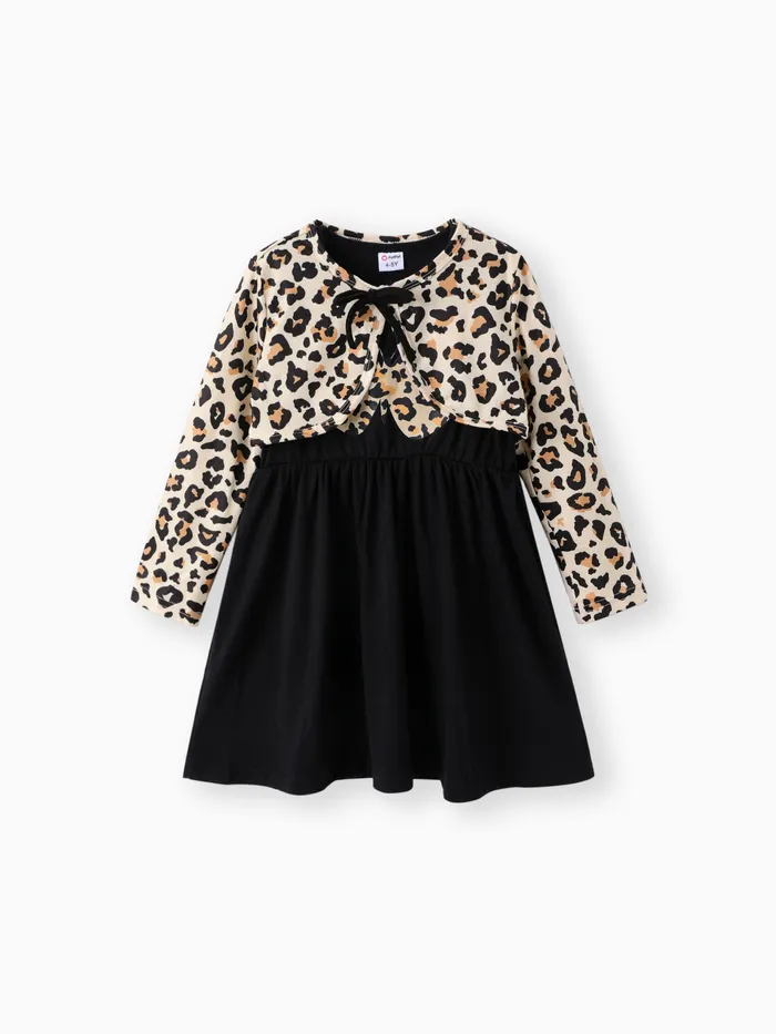 2pcs Kid Girl Butterfly Print Sleeveless Black Dress and Leopard Print Long-sleeve Cardigan Set