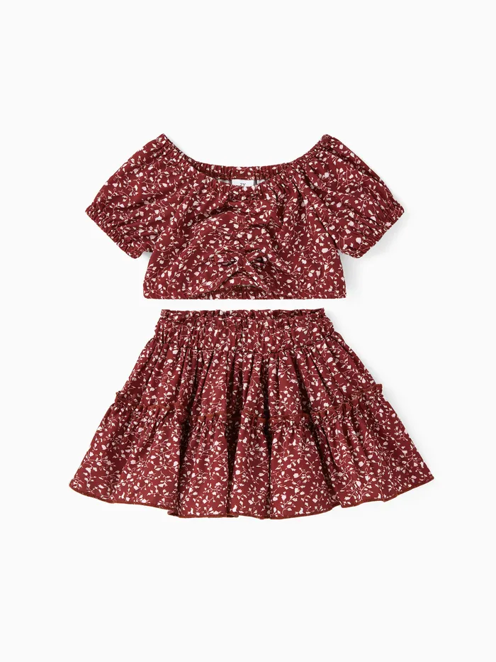 2pcs Toddler Girl Trendy Floral Print Tee and Layered Skirt Set