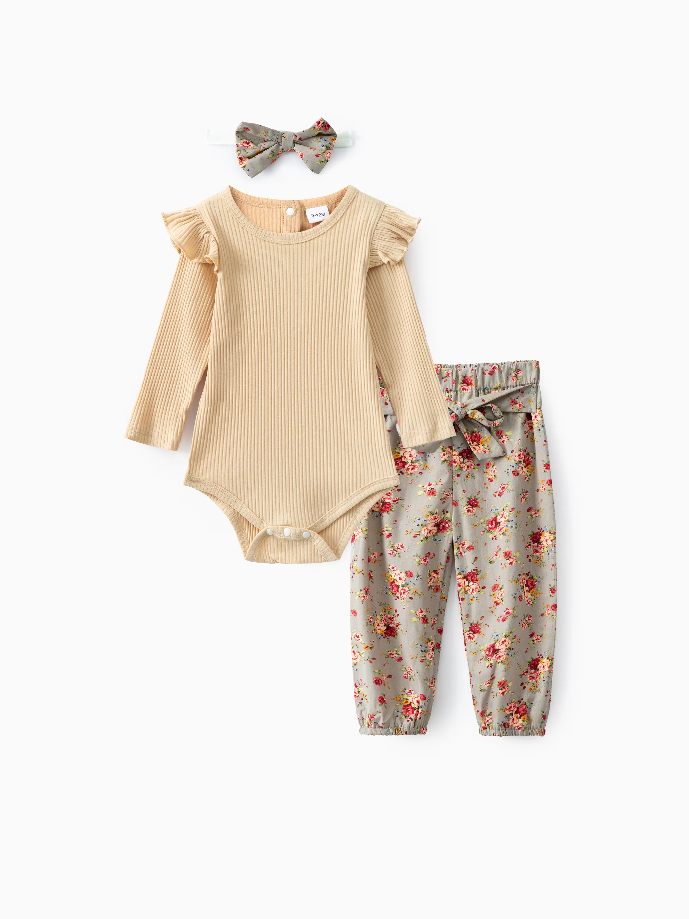 

Ribbed 3pcs Floral Print Ruffle Decor Long-sleeve Baby Set