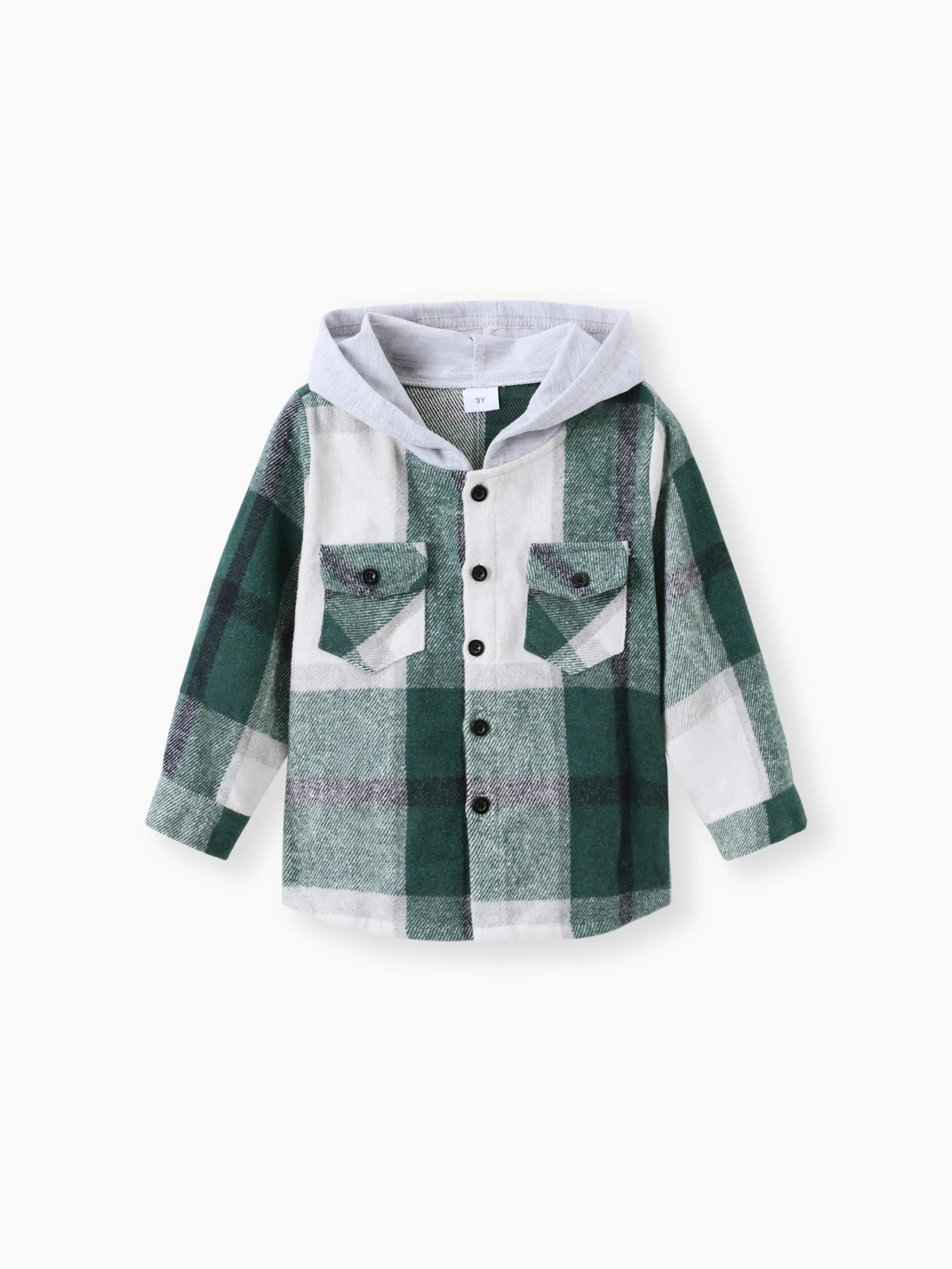 Toddler Girl/Boy 100% Cotton Button Design Plaid Hooded Jacket Green