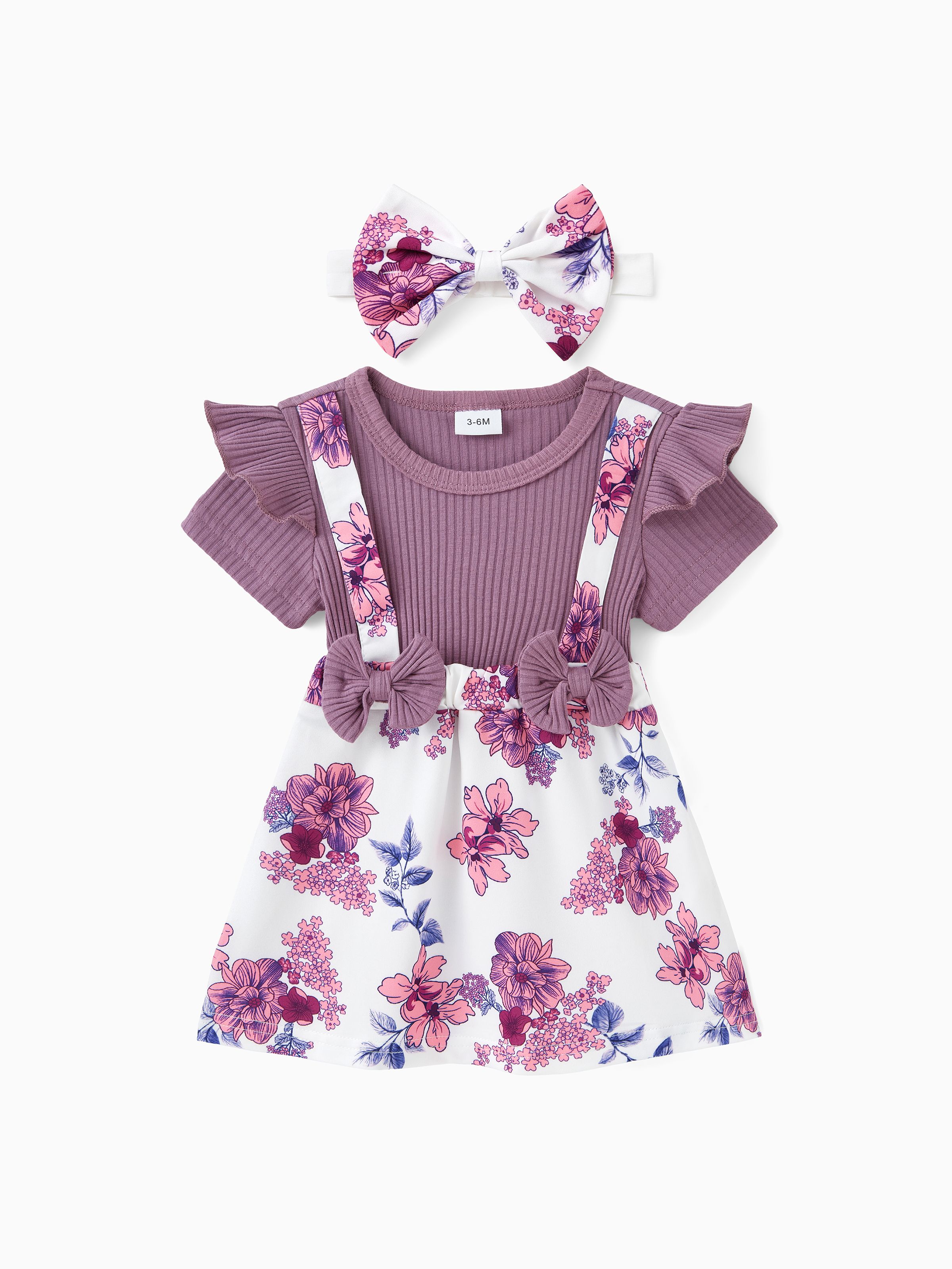 

2pcs Baby Girl 95% Cotton Ruffled Bow Front Faux-two Short-sleeve Floral Print Dress & Headband Set