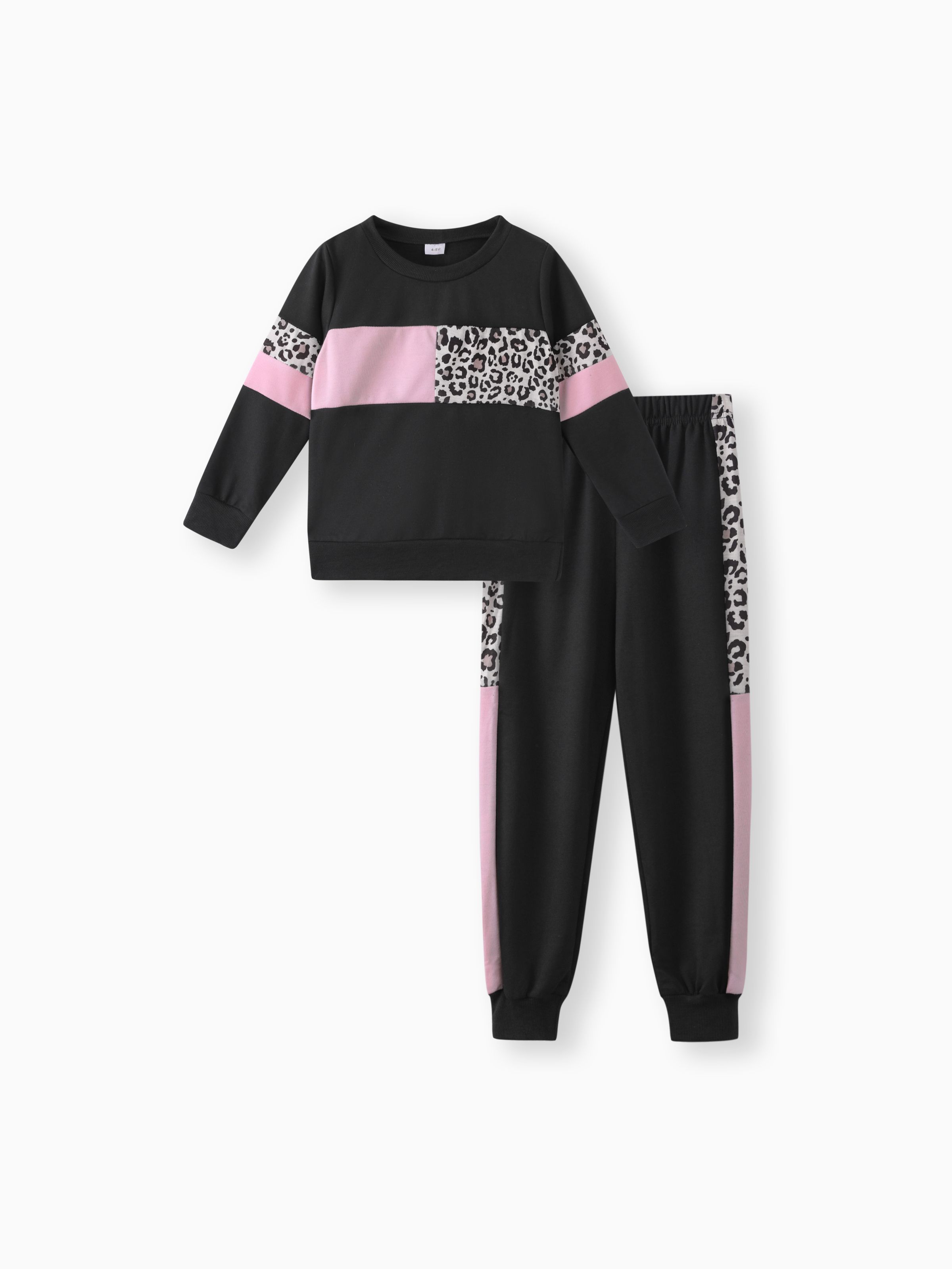 

2-piece Kid Girl Leopard Print Colorblock Pullover Sweatshirt and Pants Casual Set