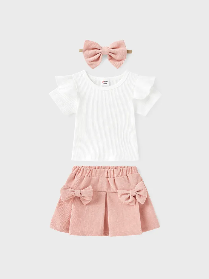 3pcs Baby Girl 95% Cotton Ribbed Ruffle Short-sleeve Tee and Bow Front Skirt & Headband Set