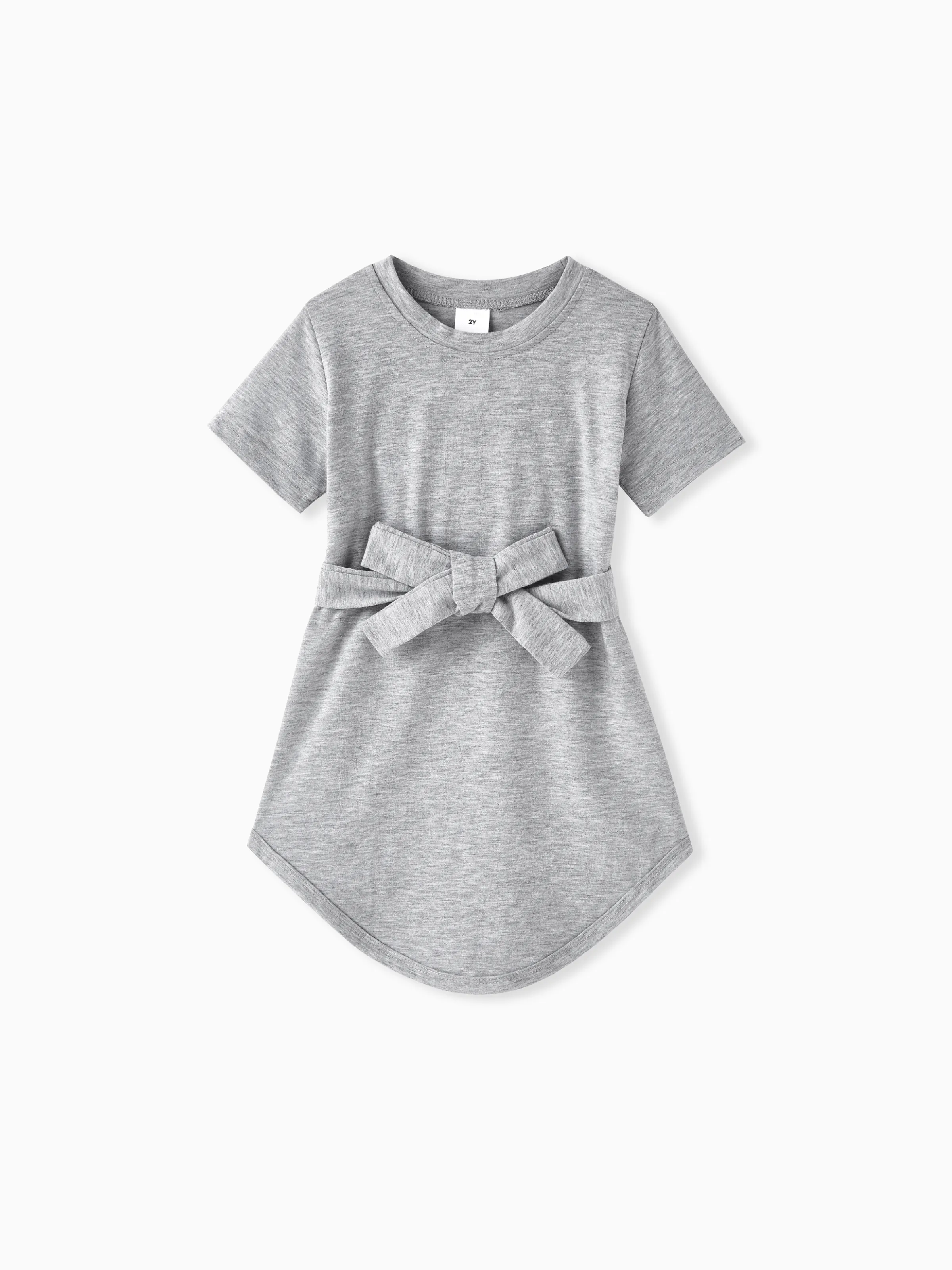 

Toddler Girl Basic Solid Belted Short-sleeve Dress