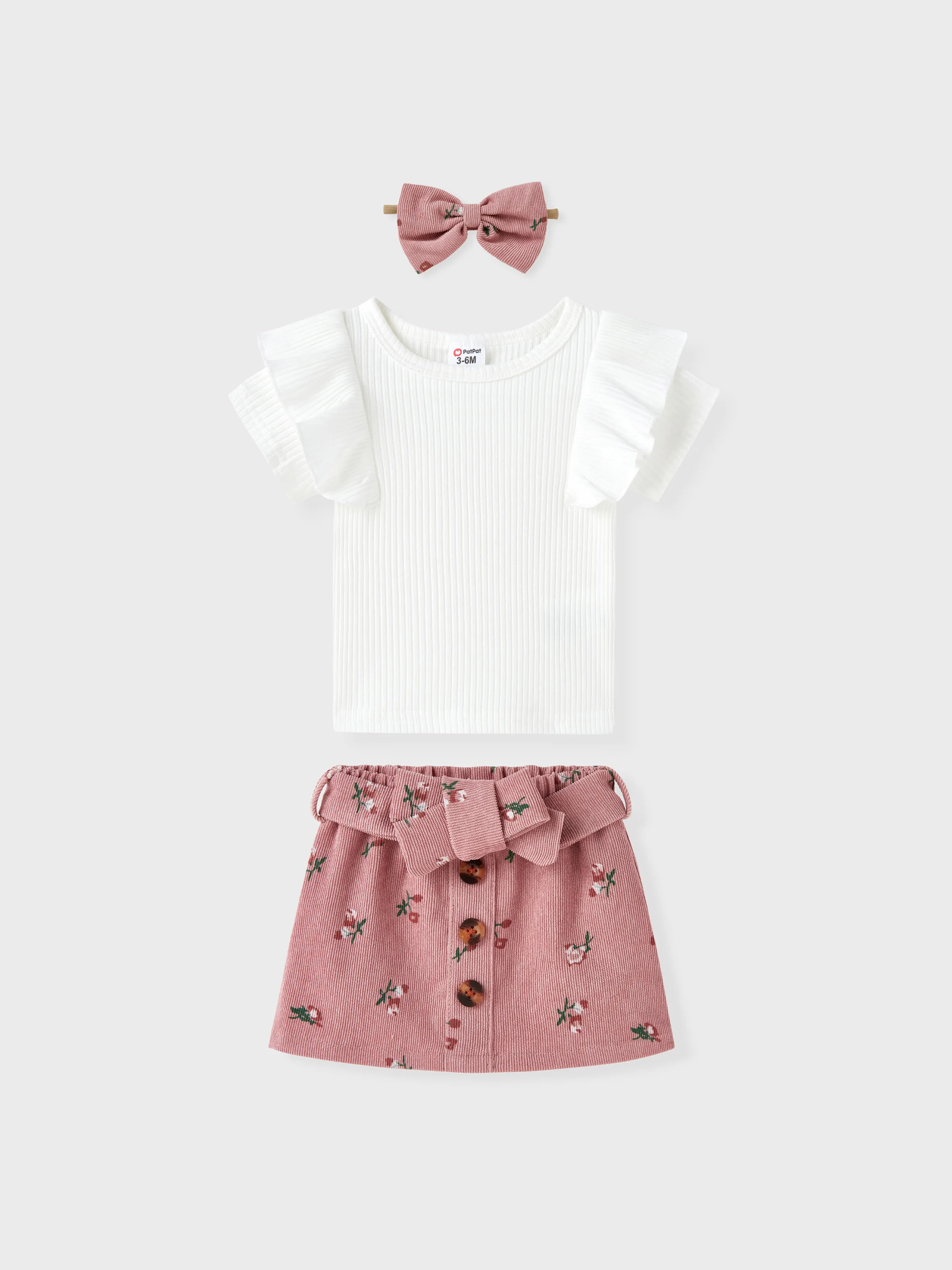 

3pcs Baby Girl 95% Cotton Ribbed Ruffle Short-sleeve Tee and Floral Print Belted Skirt & Headband Set