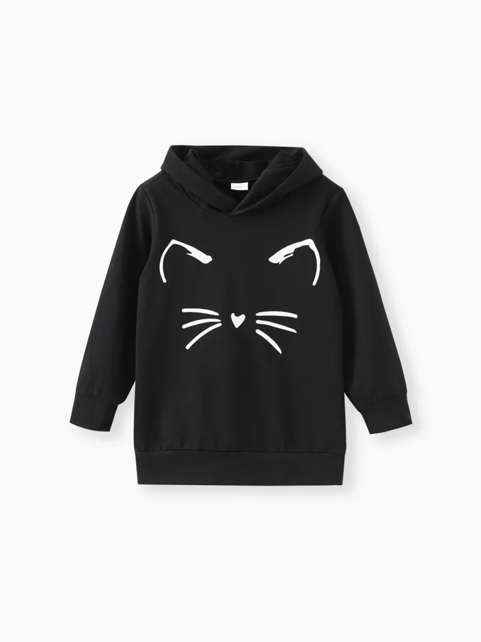 Kid Girl Cat Print Ear Design Solid Hoodie Sweatshirt