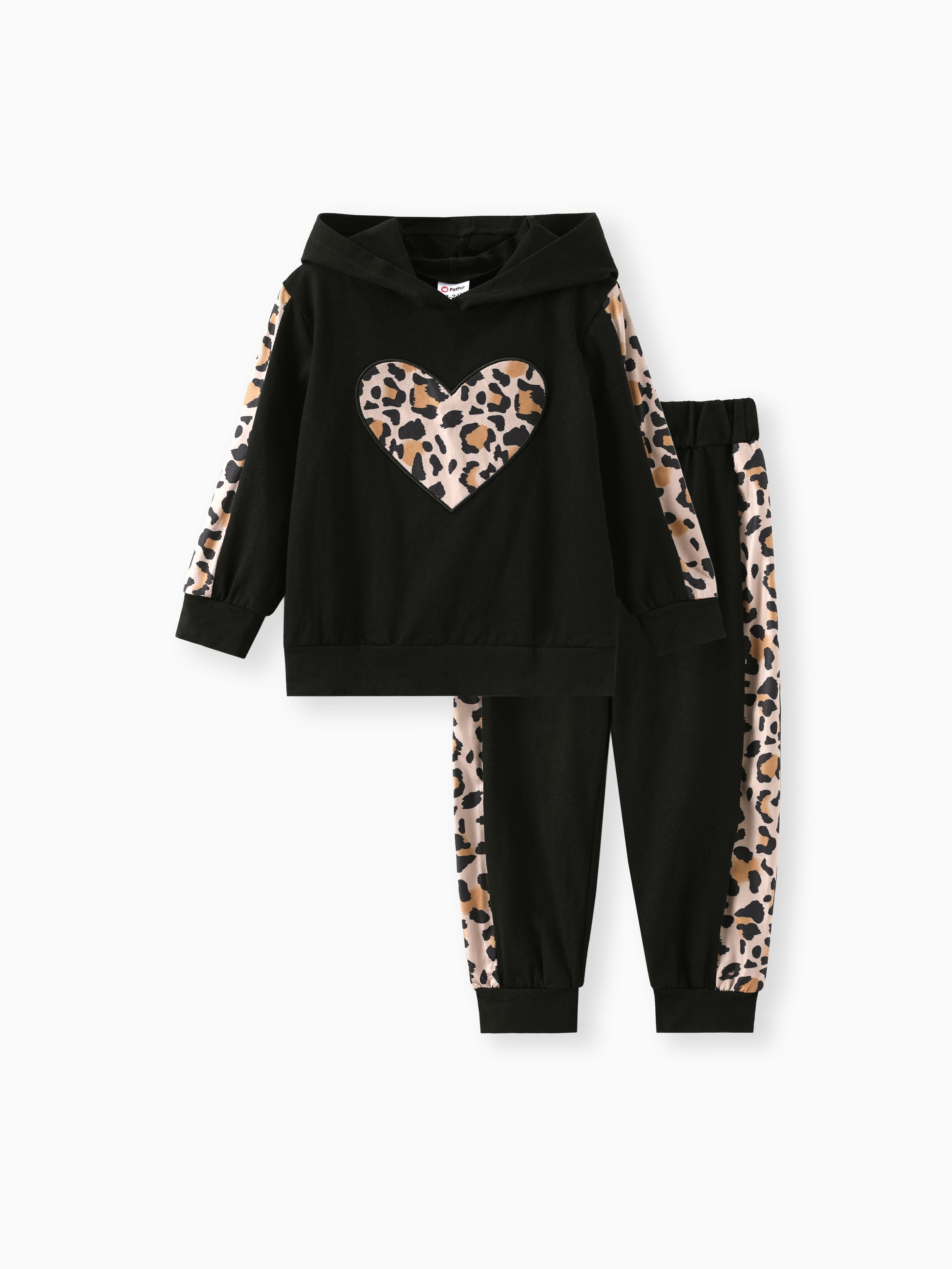 

2-piece Toddler Girl Leopard Print Heart Pattern Hoodie Sweatshirt and Pants Set