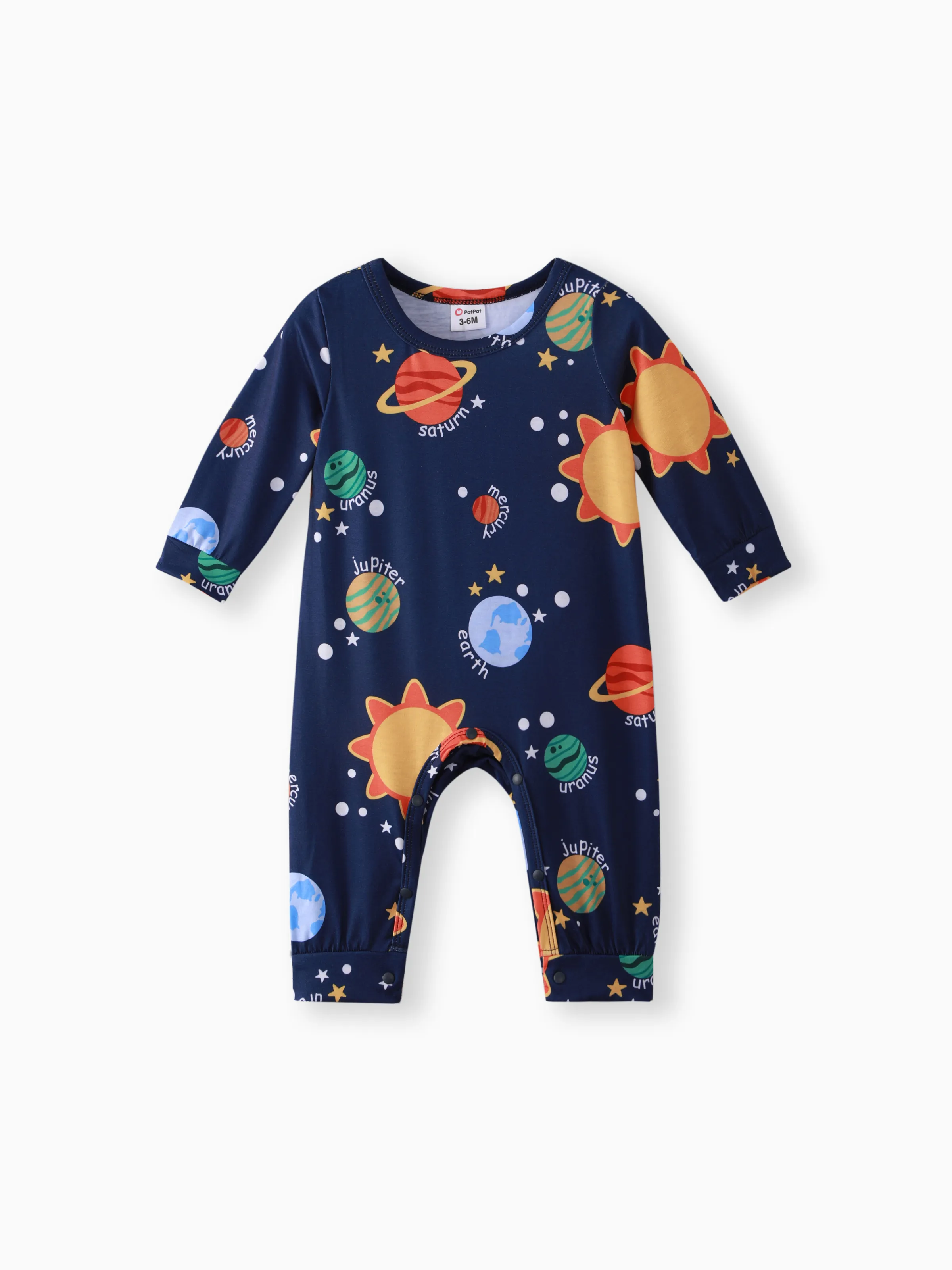 

Baby Boy All Over Solar System Planets and Letter Print Dark Blue Long-sleeve Jumpsuit
