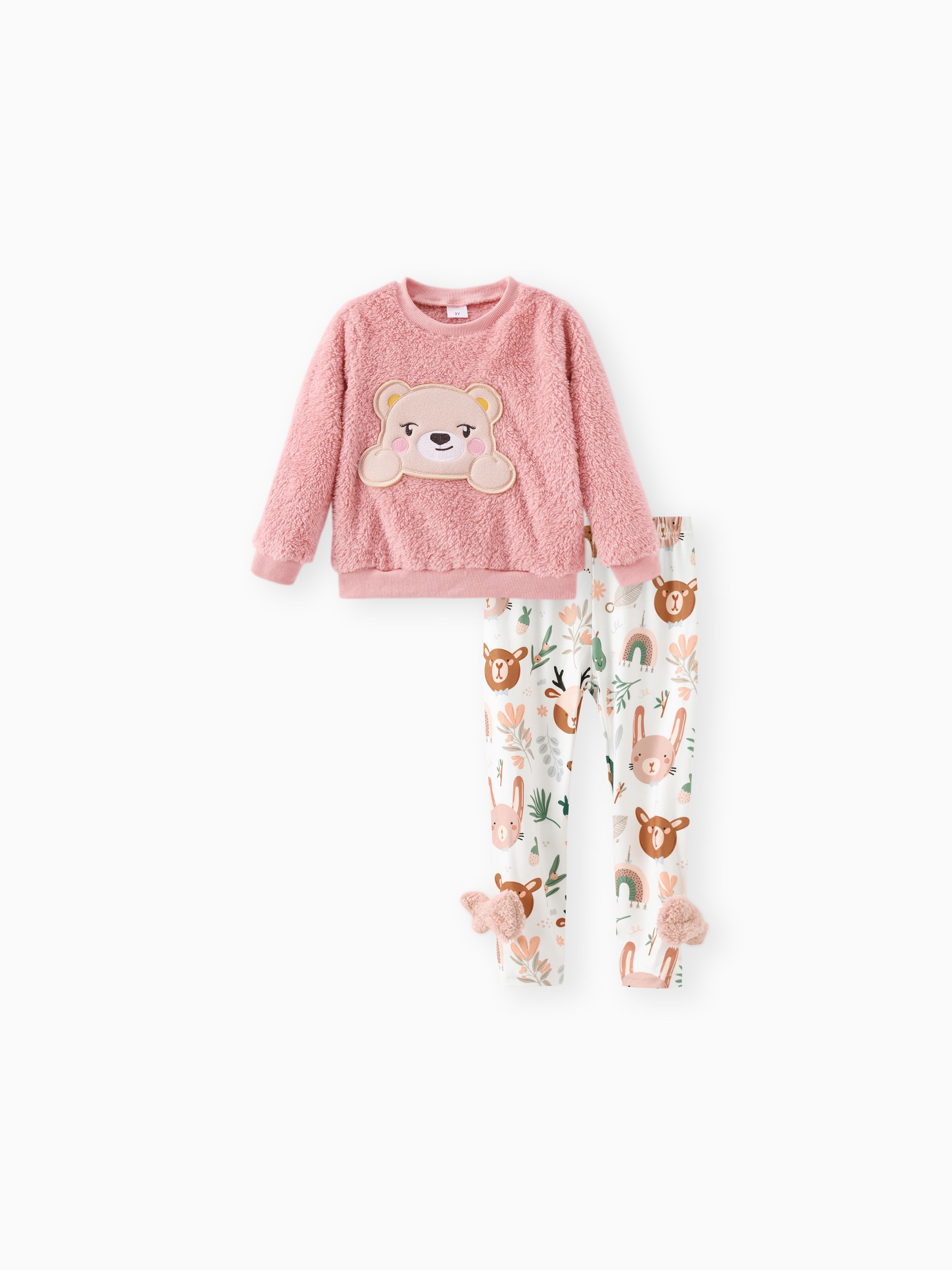 

2pcs Toddler Girl Playful Bear Embroidered Polar Fleece Sweatshirt and Bows Design Leggings Set