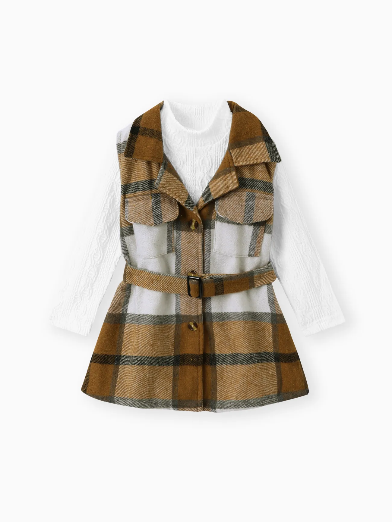 Brown - 2pcs Toddler Girl Textured Tee and Plaid Print Belted Long Coat Set - image 2