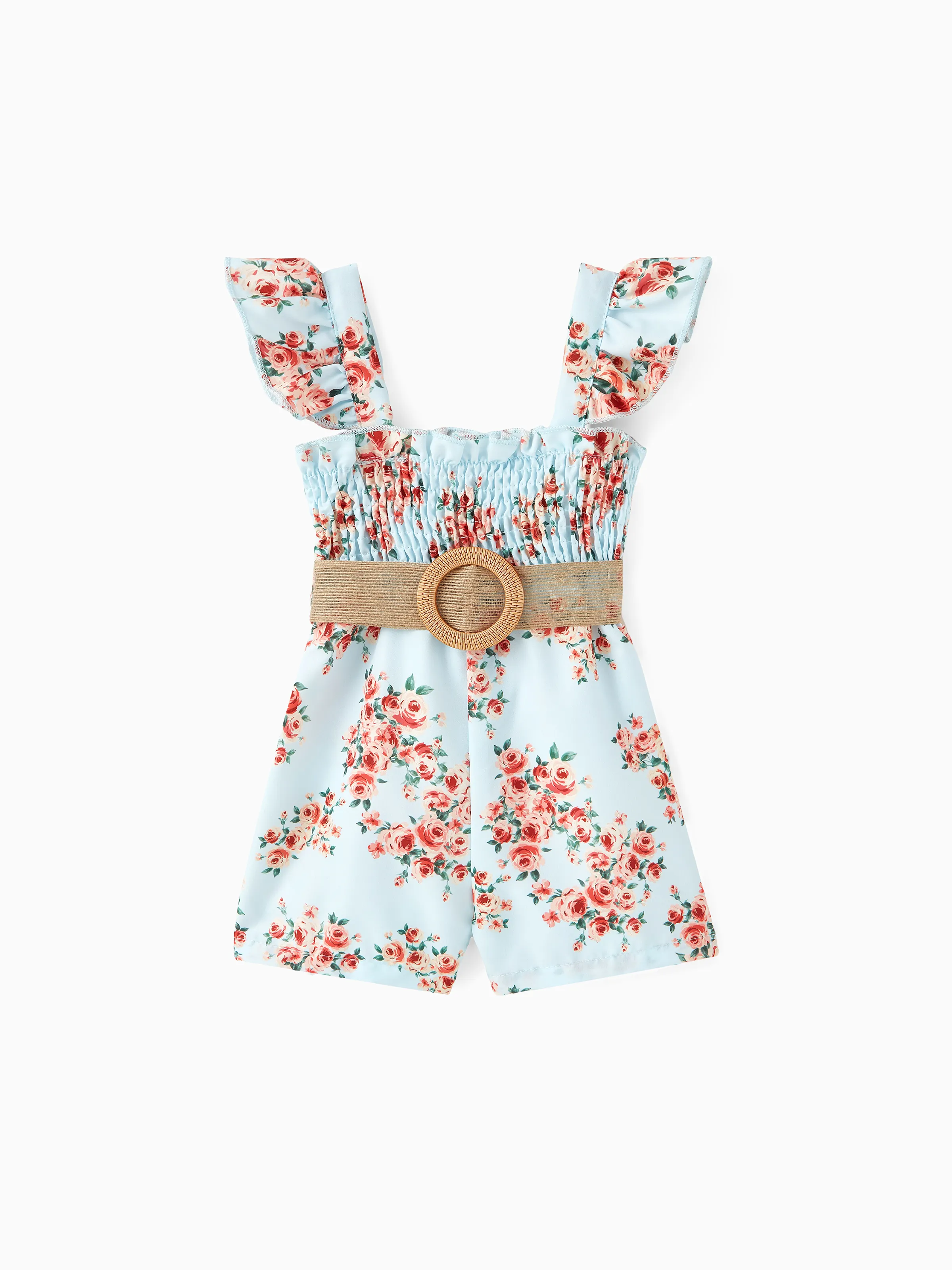 

Baby Girl Floral Print Flutter-sleeve Belted Smocked Romper