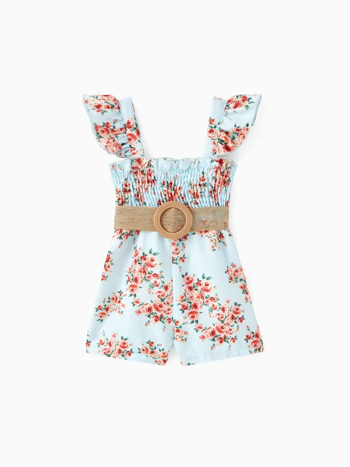 Baby Girl Floral Print Flutter-sleeve Belted Smocked Romper