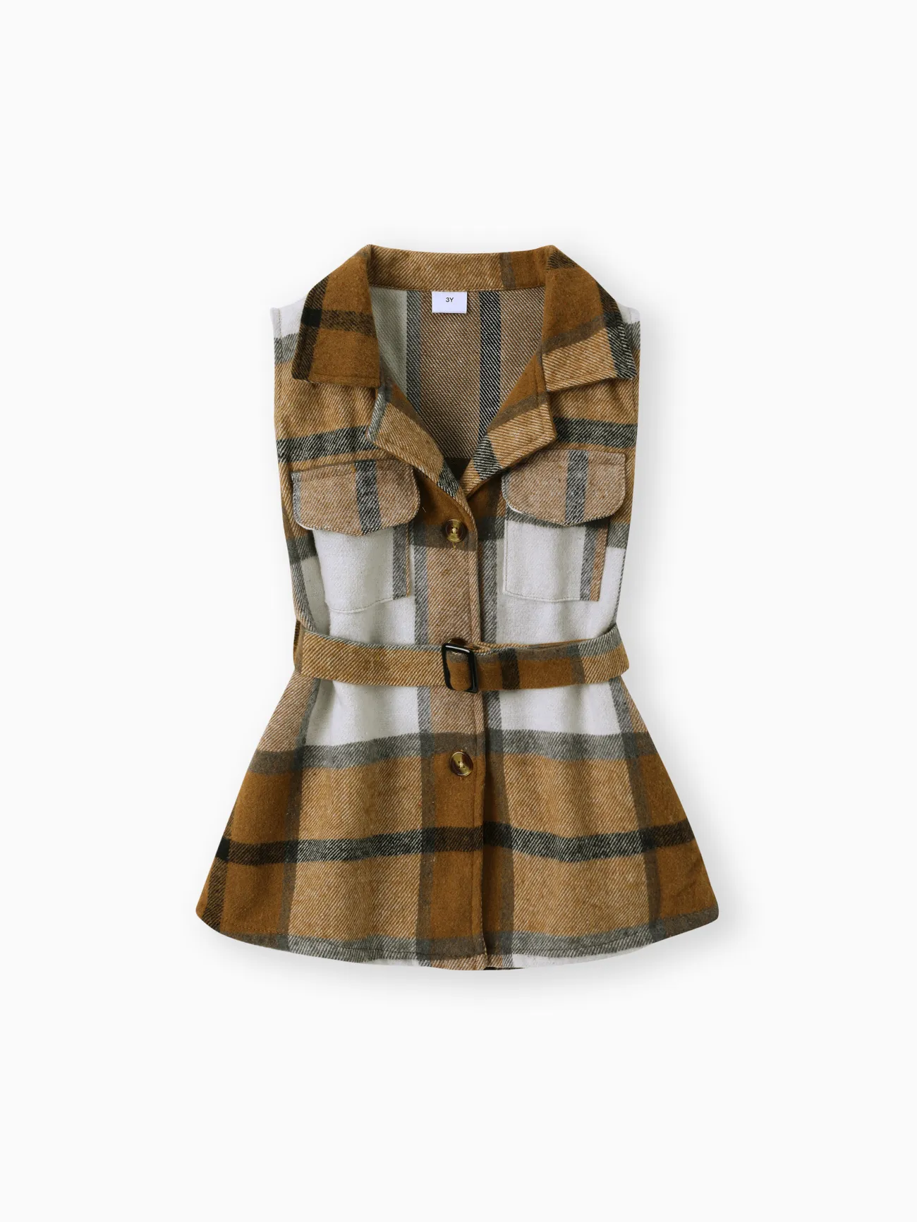 Brown - 2pcs Toddler Girl Textured Tee and Plaid Print Belted Long Coat Set - image 6