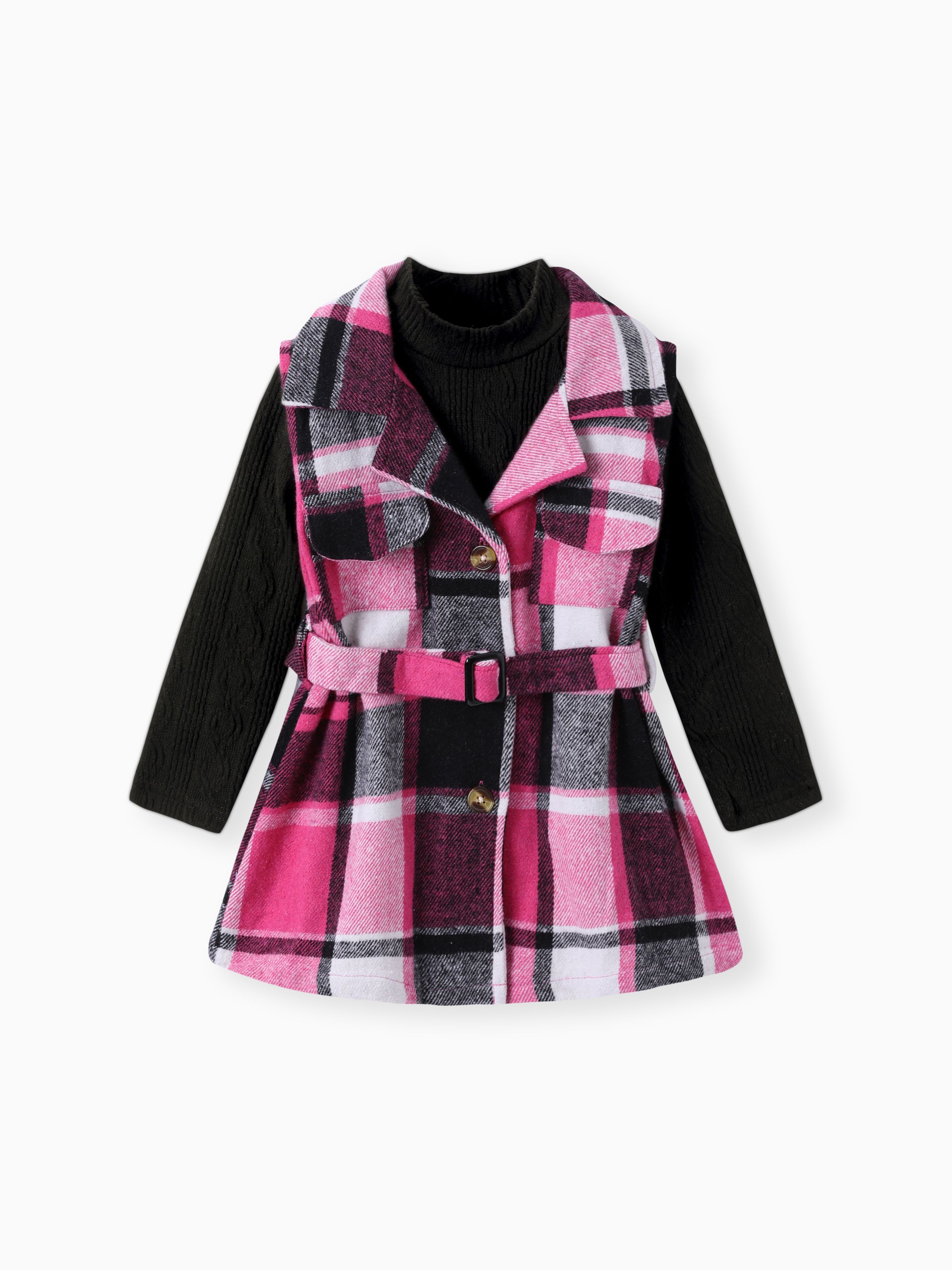

2pcs Toddler Girl Classic Mock Neck Textured Tee and Plaid Lapel Collar Belted Dress Set
