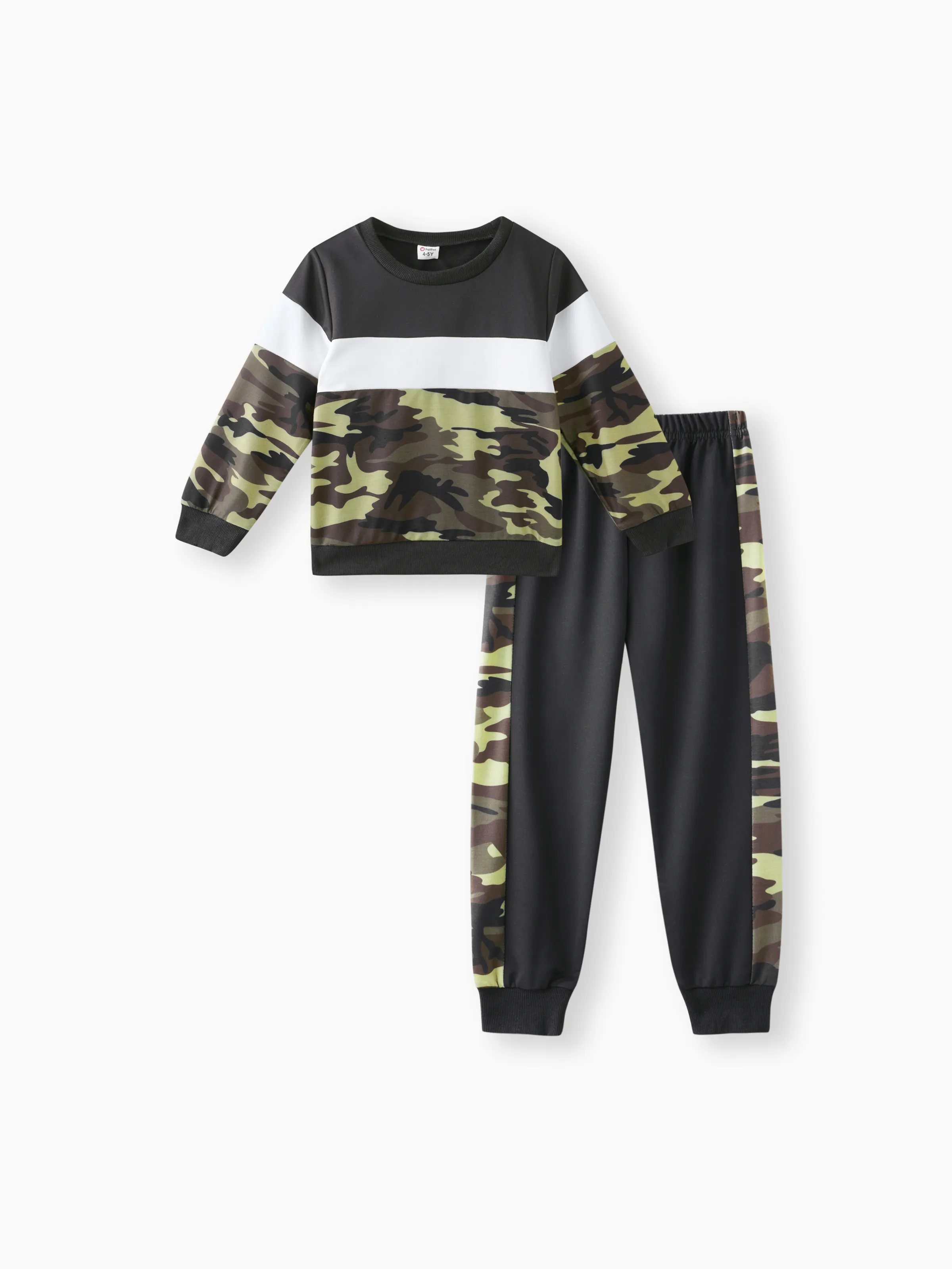 

2-piece Kid Boy Camouflage Print Colorblock Sweatshirt and Pants Set