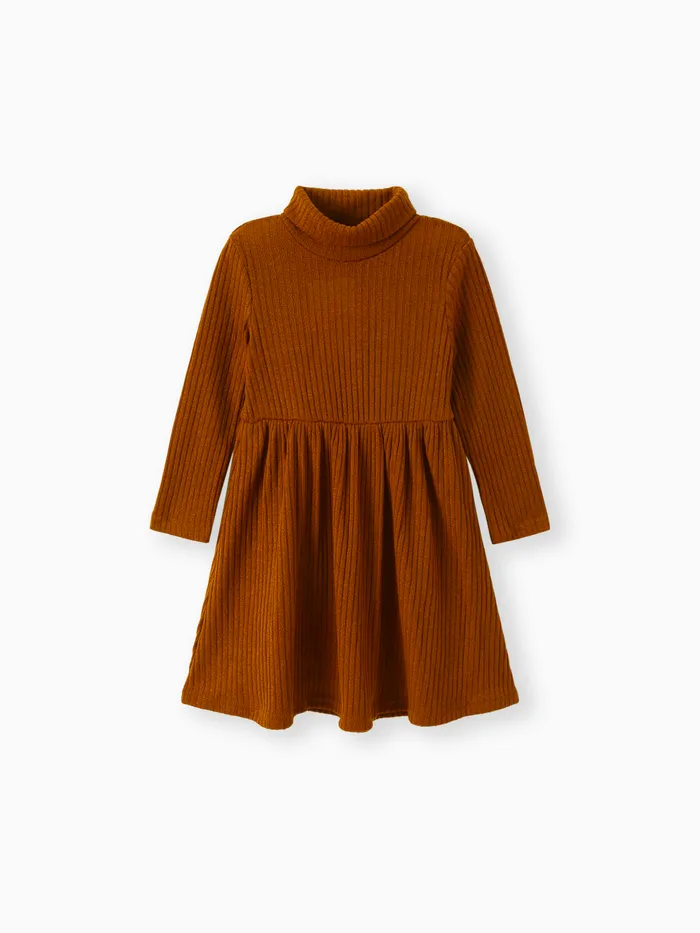 Toddler Girl Turtleneck Solid Color Ribbed Long-sleeve Dress