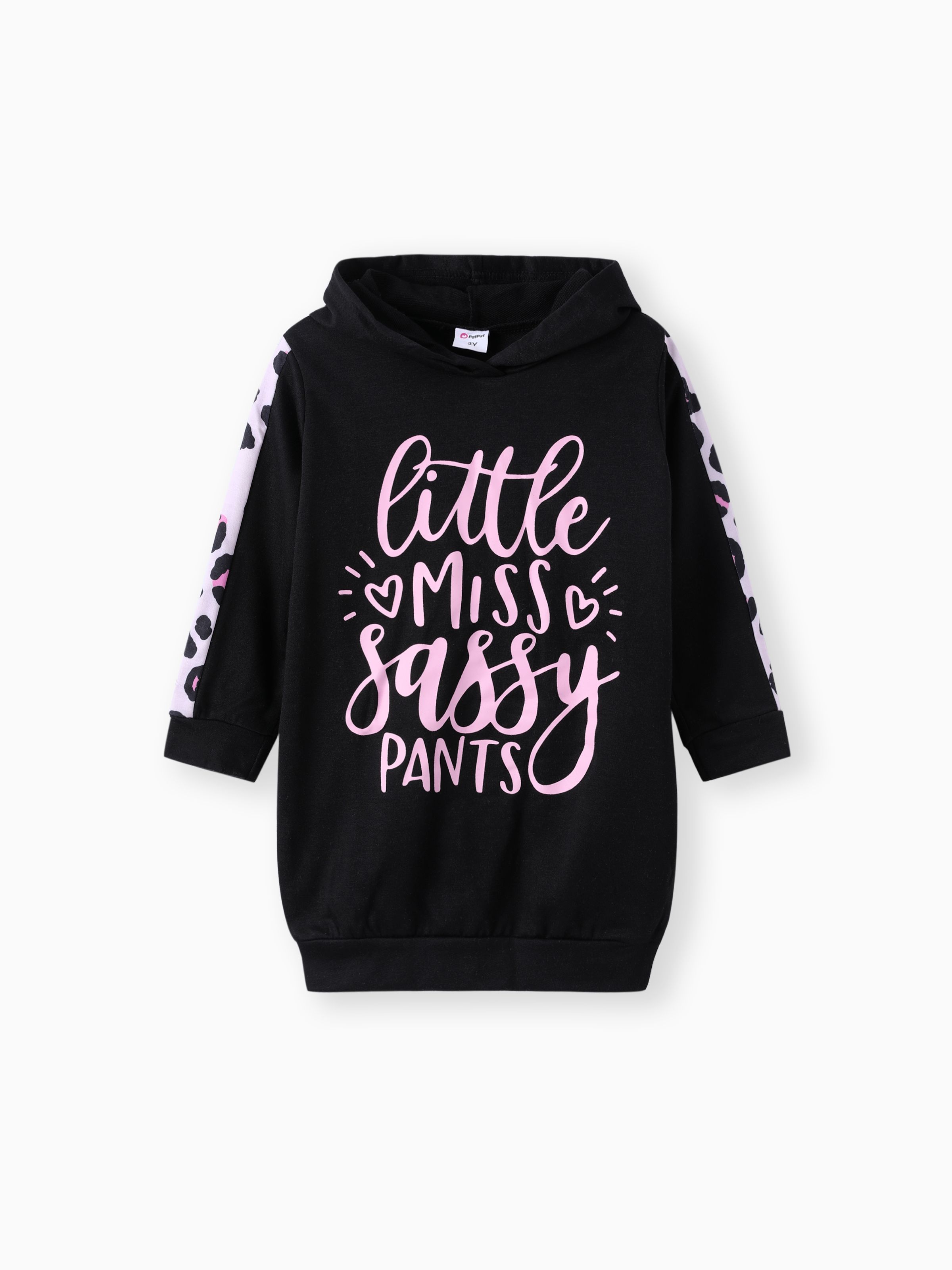 

Toddler Girl Letter Leopard Print Black Long-sleeve Hooded Sweatshirt Dress