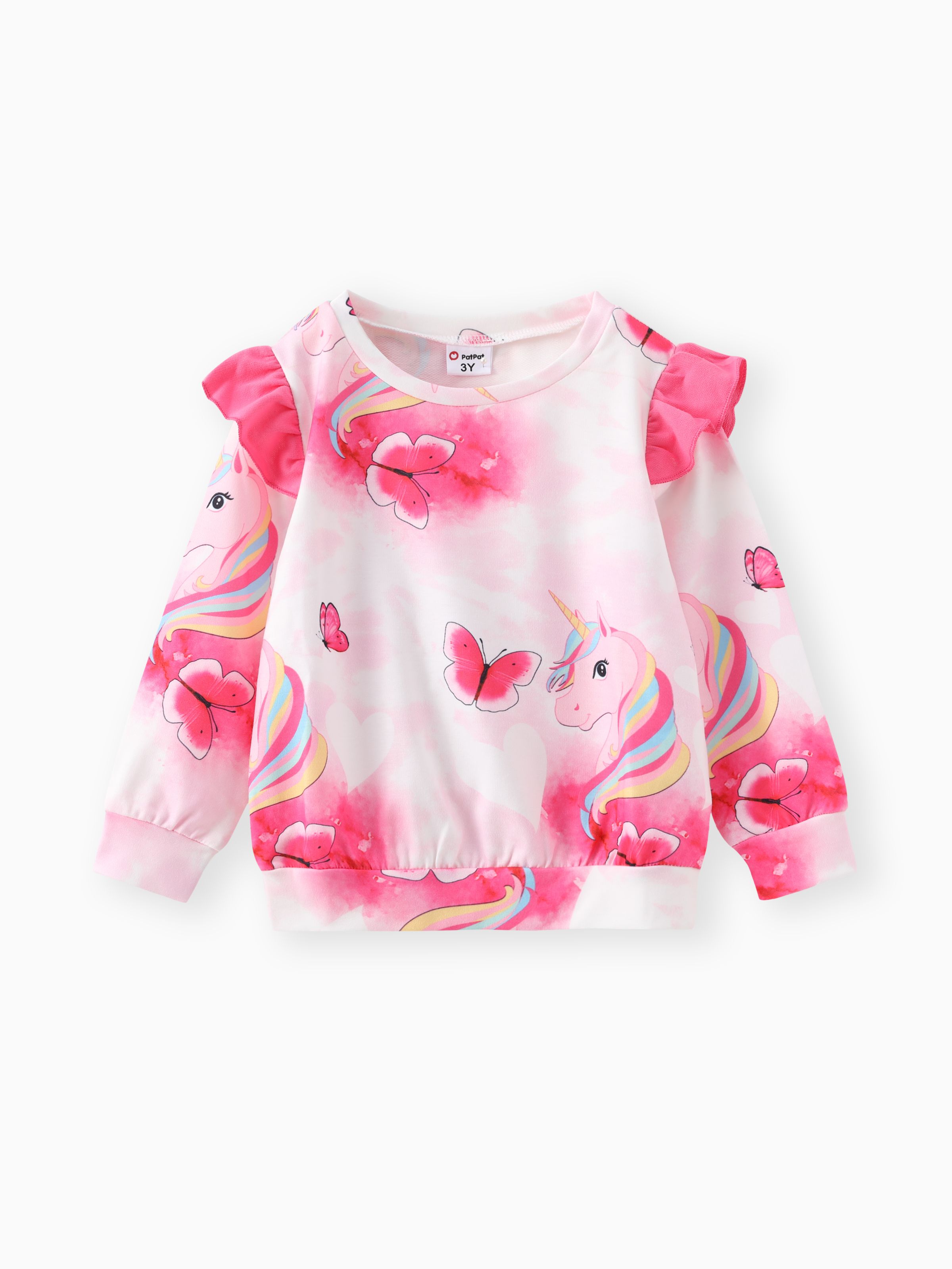 

Toddler Girl Animal Unicorn Butterfly Print Ruffled Pink Pullover Sweat