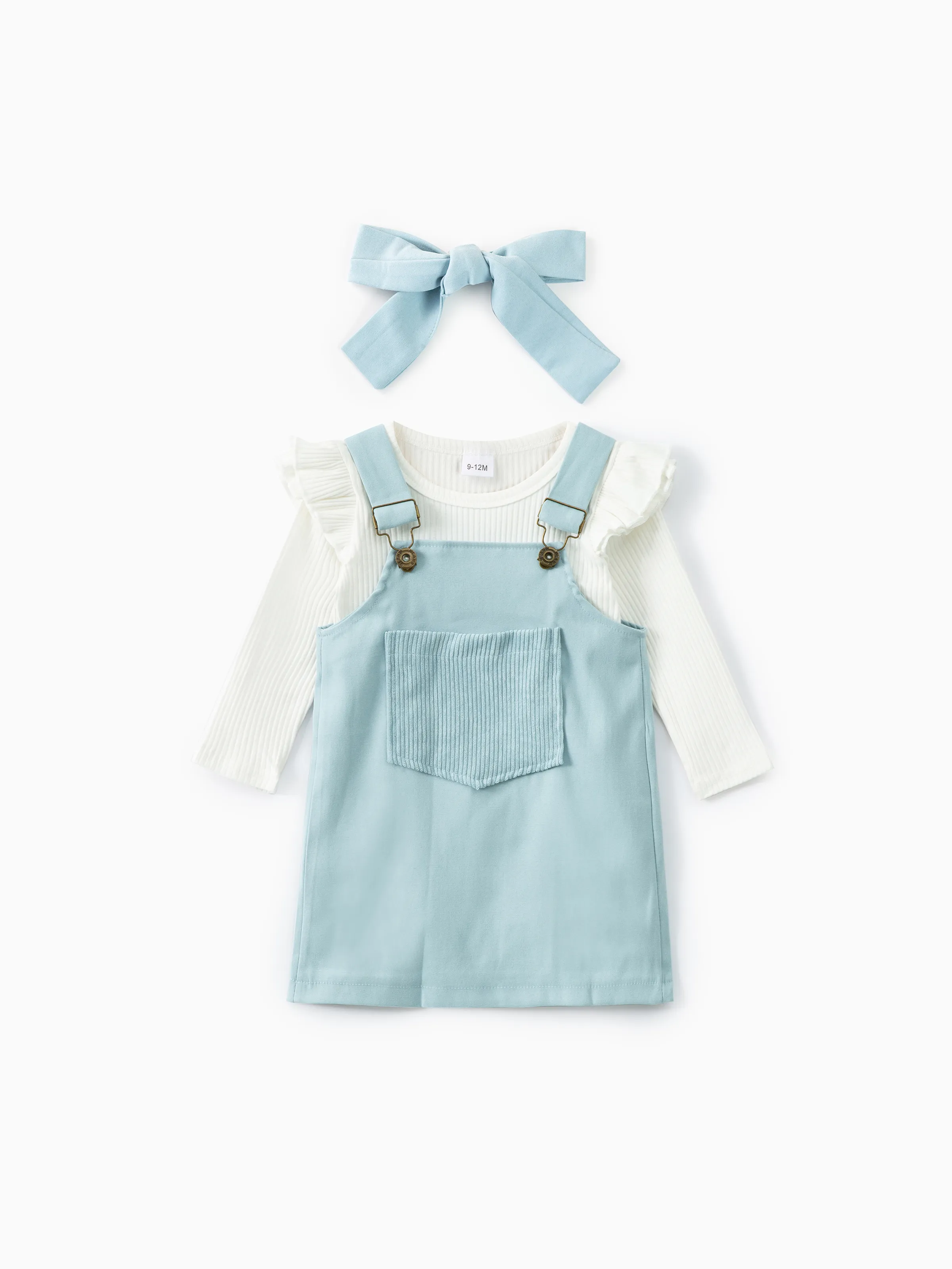 

3pcs Baby Girl 95% Cotton Ribbed Long-sleeve Romper and Solid Suspender Dress with Headband Set