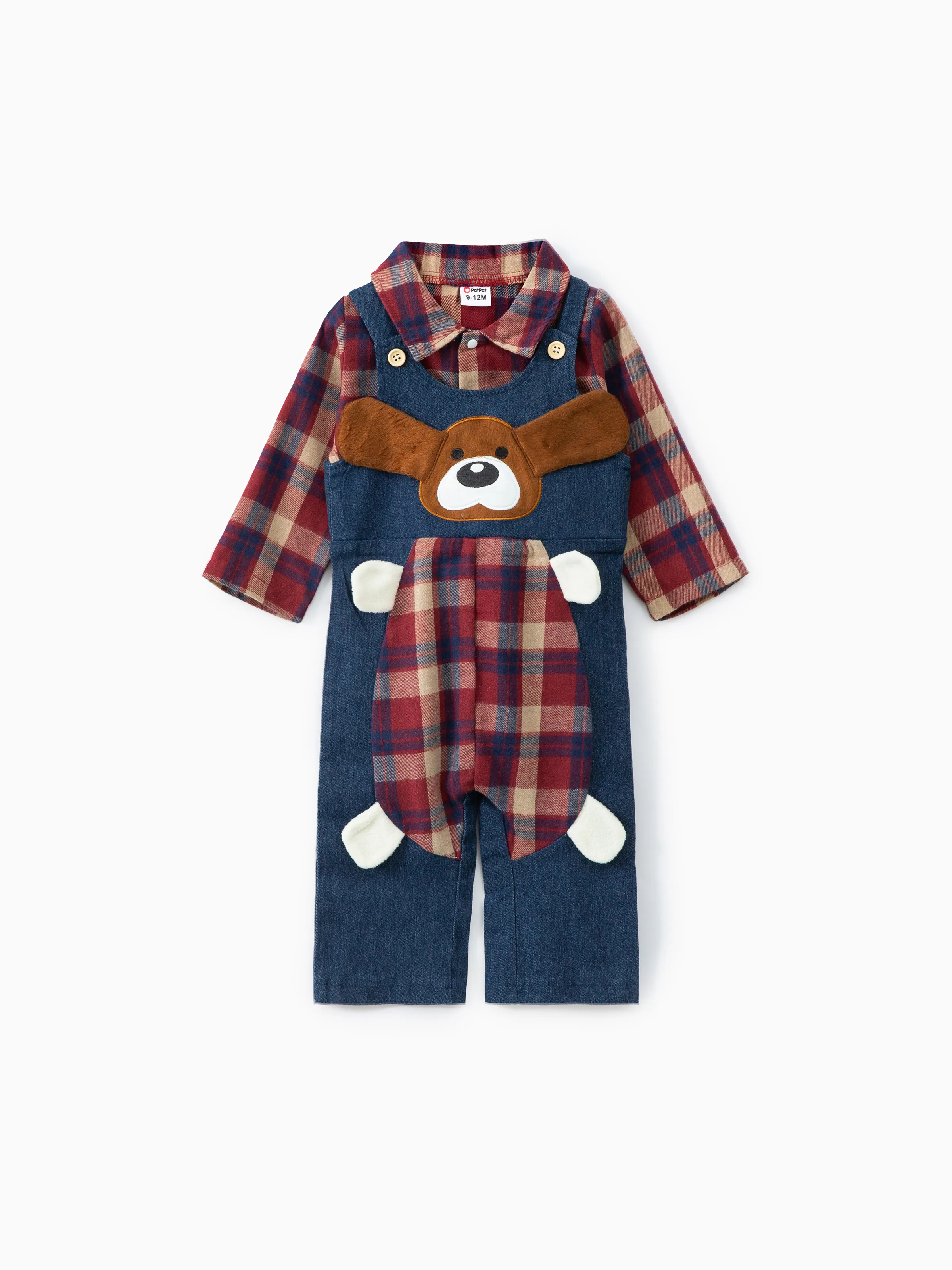 2pcs Baby Red Plaid Long-sleeve Shirt Romper and 100% Cotton Denim Overalls Set