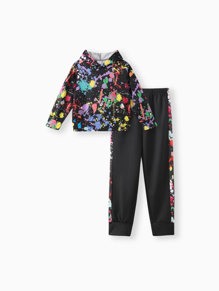 2-piece Kid Boy Painting Print Hoodie and Elasticized Pants Casual Set