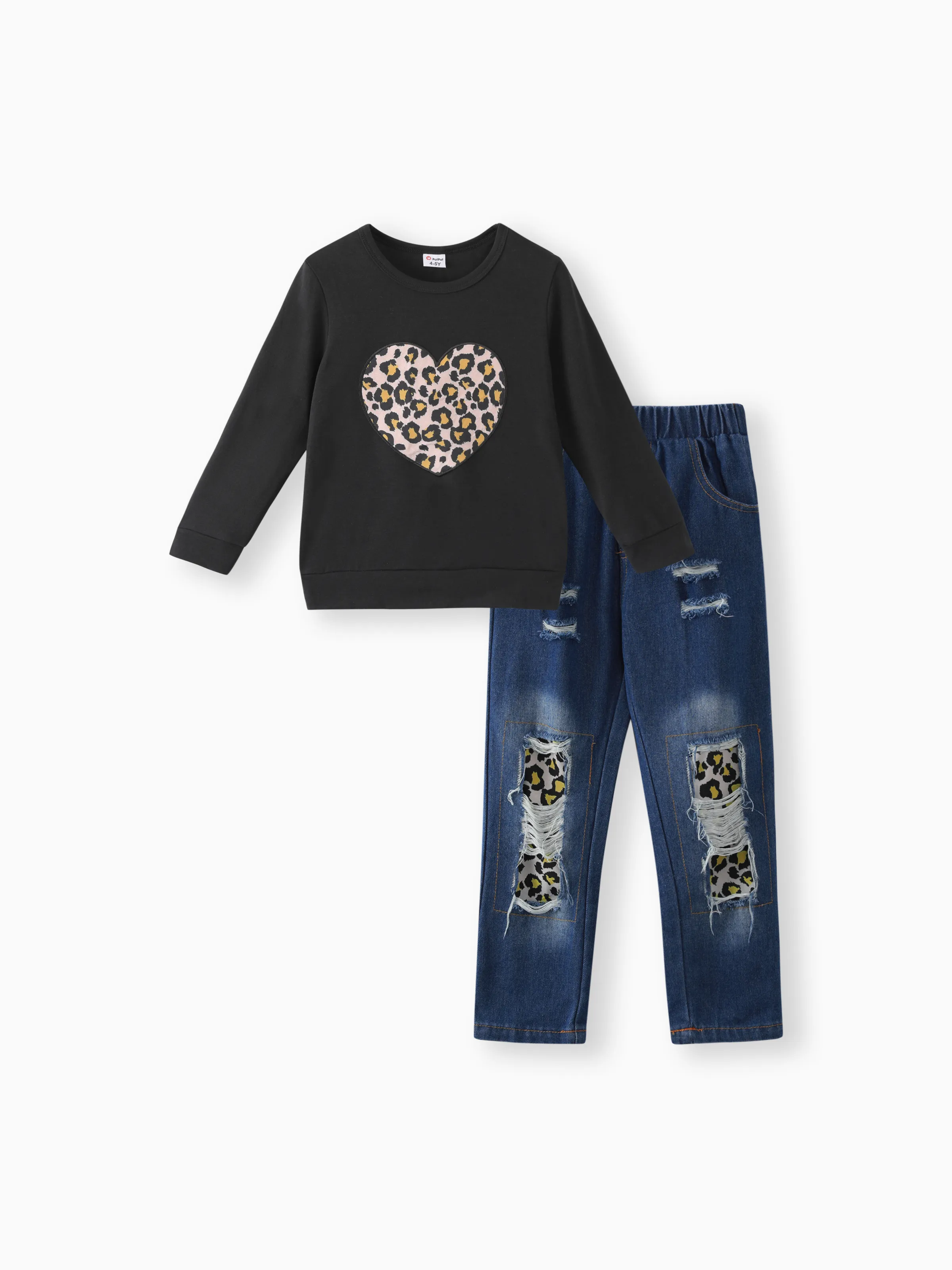 

2-piece Kid Girl Leopard Heart Print Black Pullover Sweatshirt and Patchwork Ripped Jeans Denim Pants Set