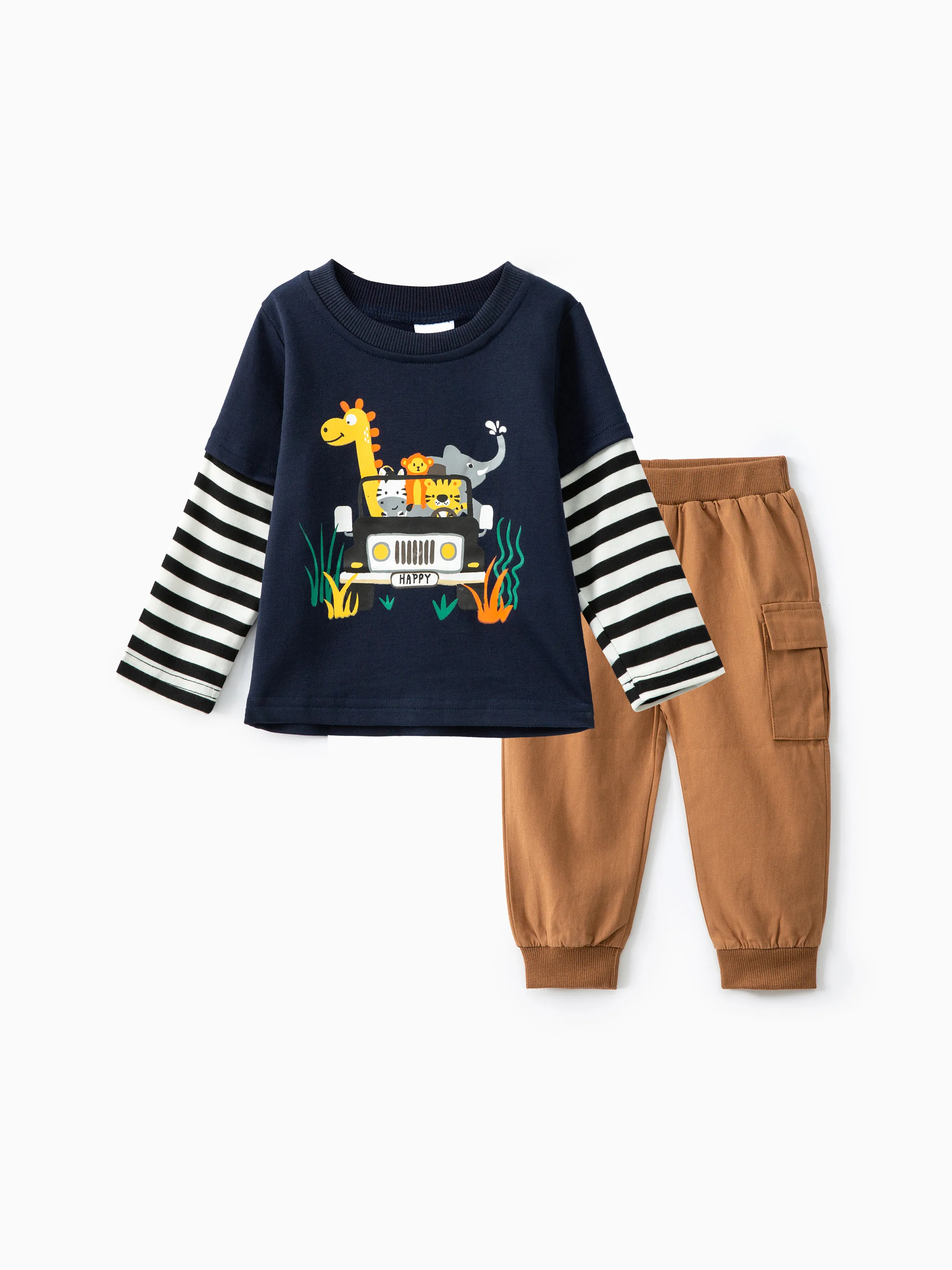 

2pcs Baby Boy 100% Cotton Solid Flap Pocket Cargo Pants and Graphic Print Striped Long-sleeve Faux-two Tee Set