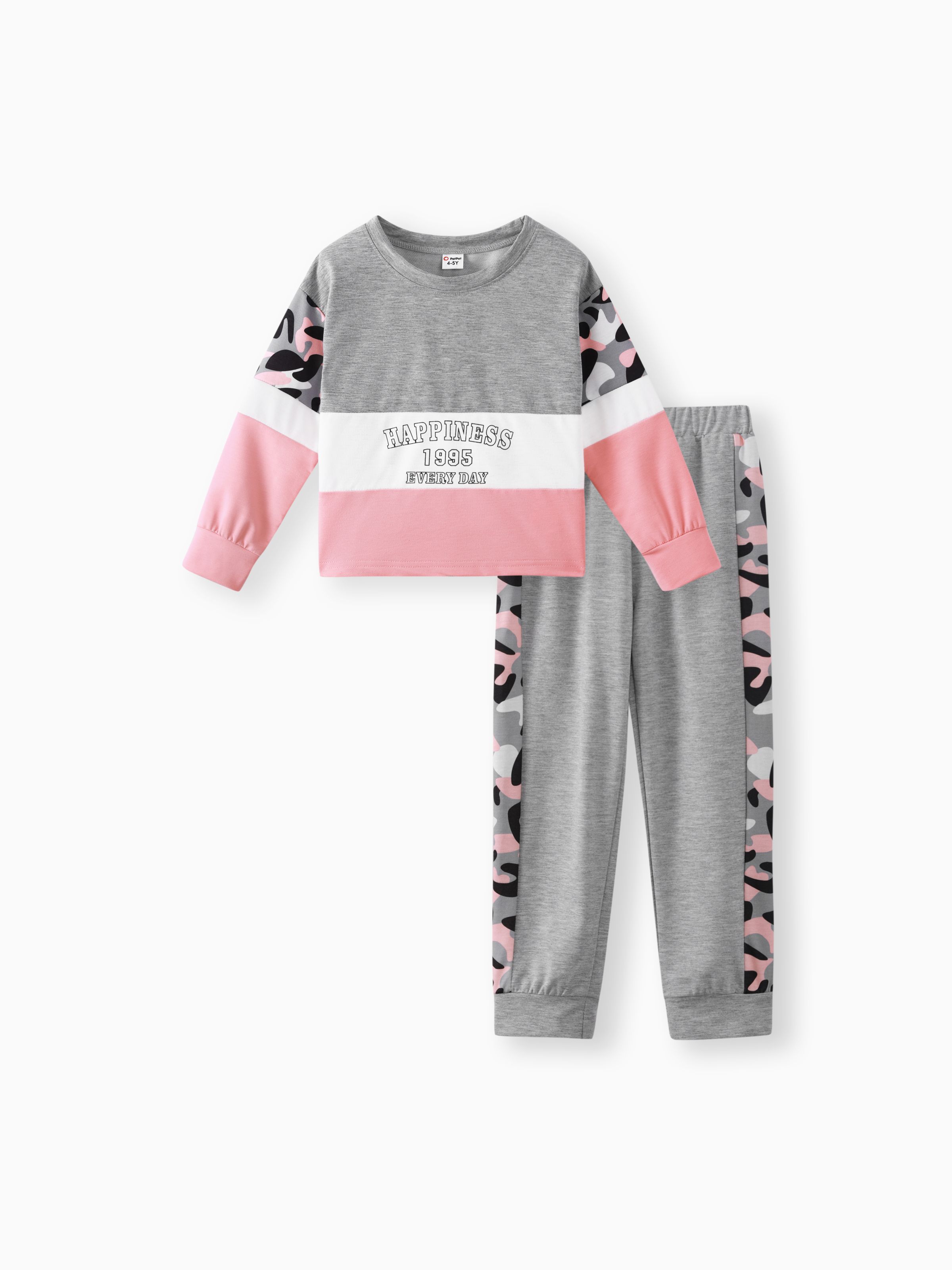

2-piece Kid Girl Letter Camouflage Print Colorblock Long-sleeve Tee and Elasticized Pants Set