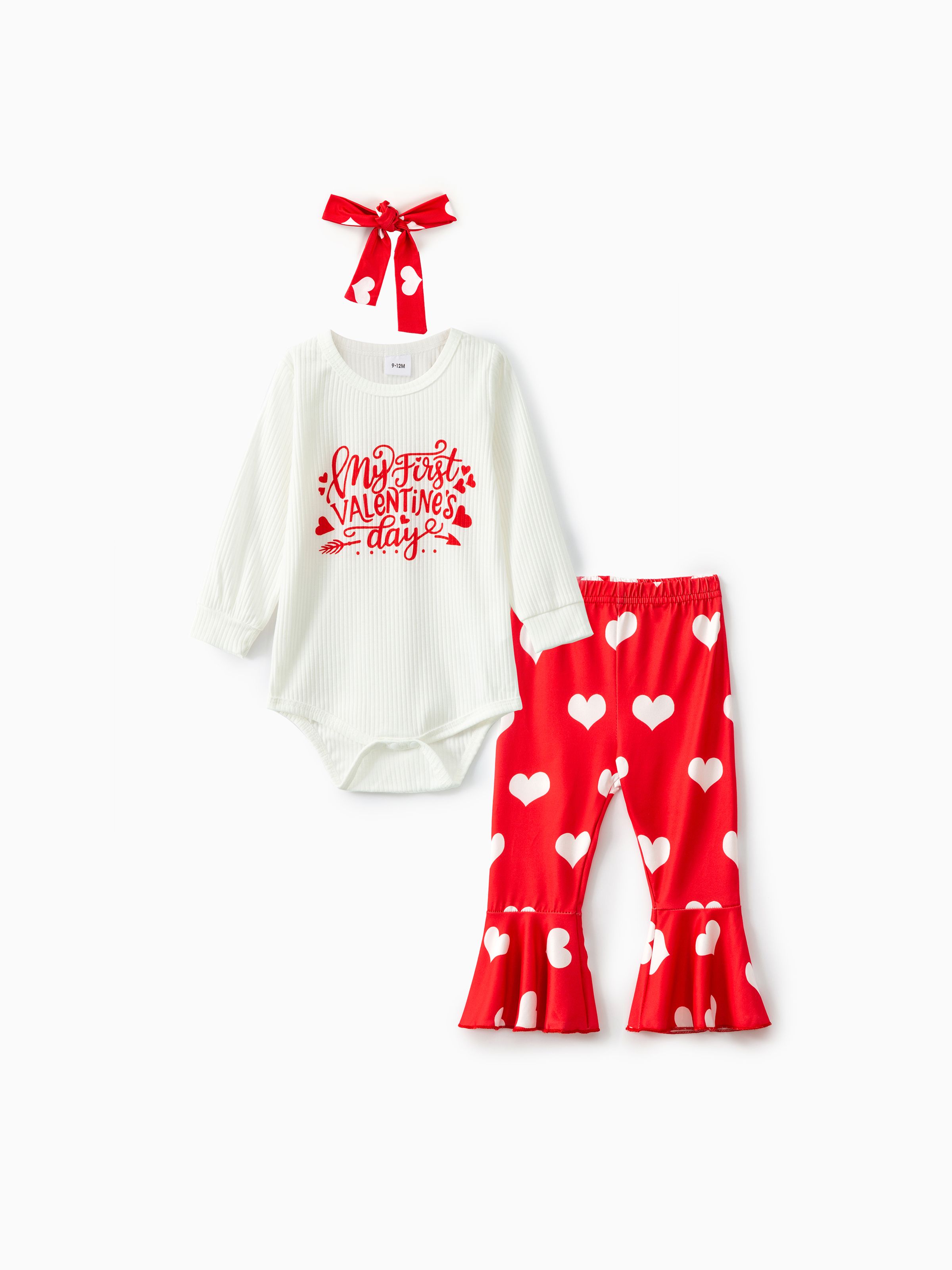 

Valentine's Day 3pcs Baby Girl 95% Cotton Letter Graphic Long-sleeve Ribbed Romper and Allover Heart Print Flared Pants with Headband Set